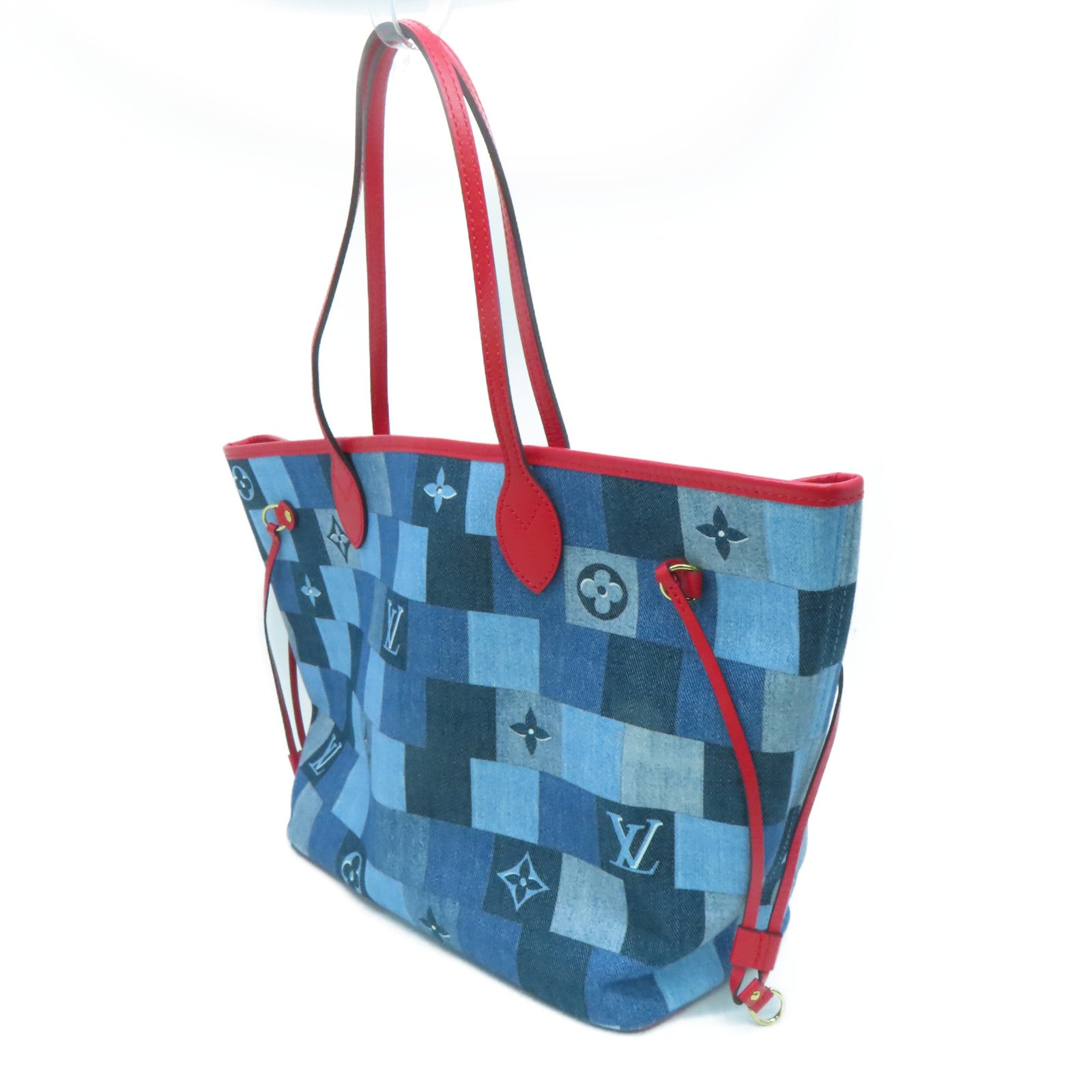 LOUIS VUITTON [Sharp Discount] Denim Neverfull MM Gold Buckle Hand Bag Blue/Red
