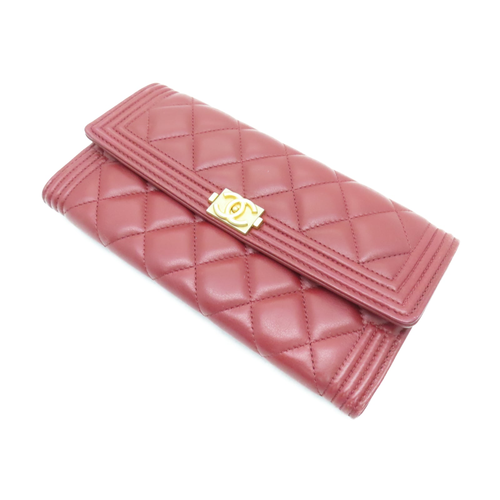 CHANEL 菱格羊皮皮革Long Wallet金扣長錢包紅色