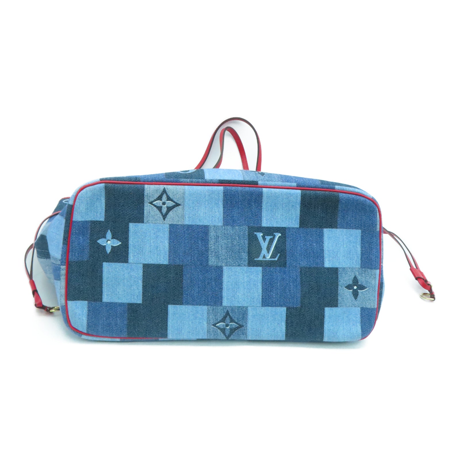 LOUIS VUITTON [Sharp Discount] Denim Neverfull MM Gold Buckle Hand Bag Blue/Red