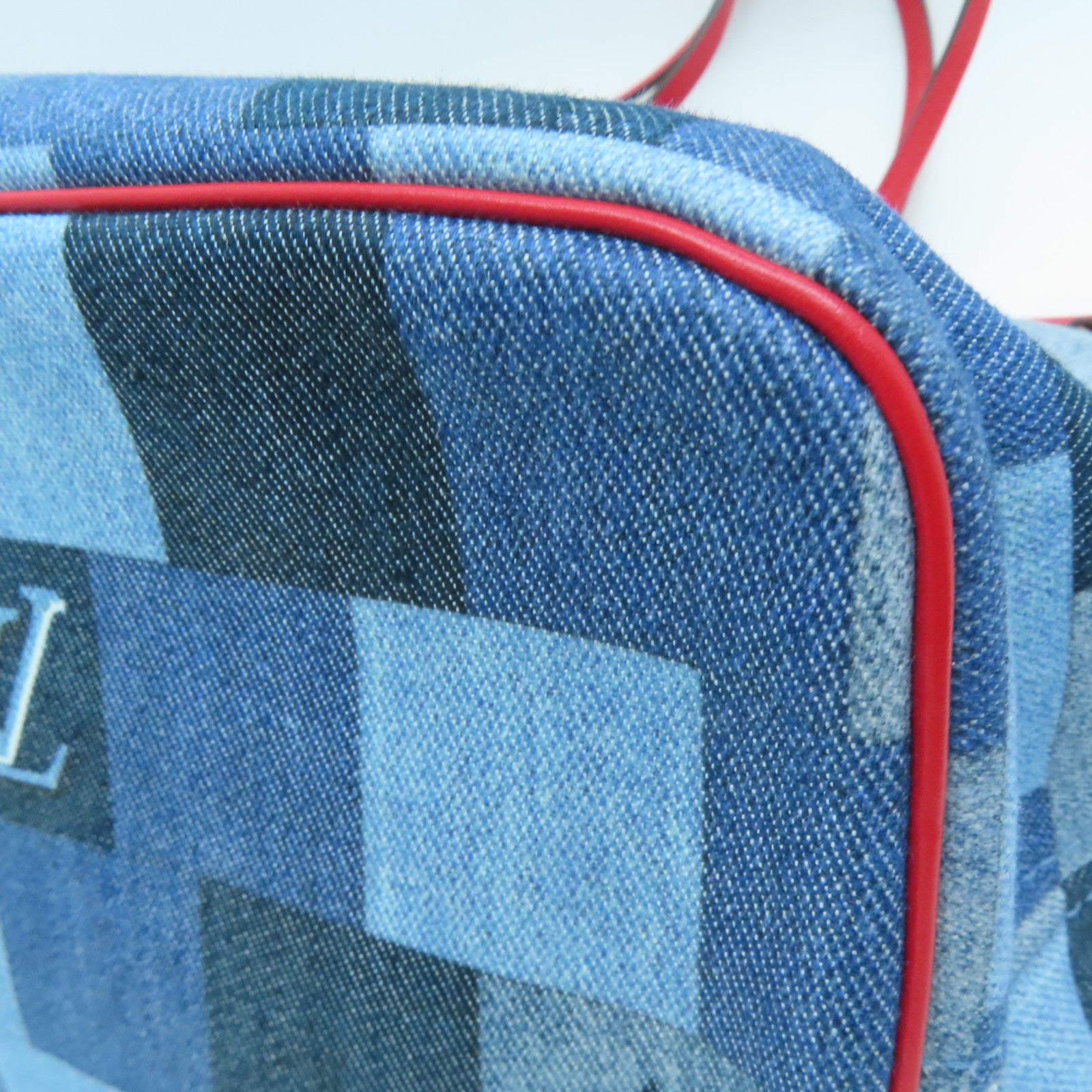 LOUIS VUITTON [Sharp Discount] Denim Neverfull MM Gold Buckle Hand Bag Blue/Red