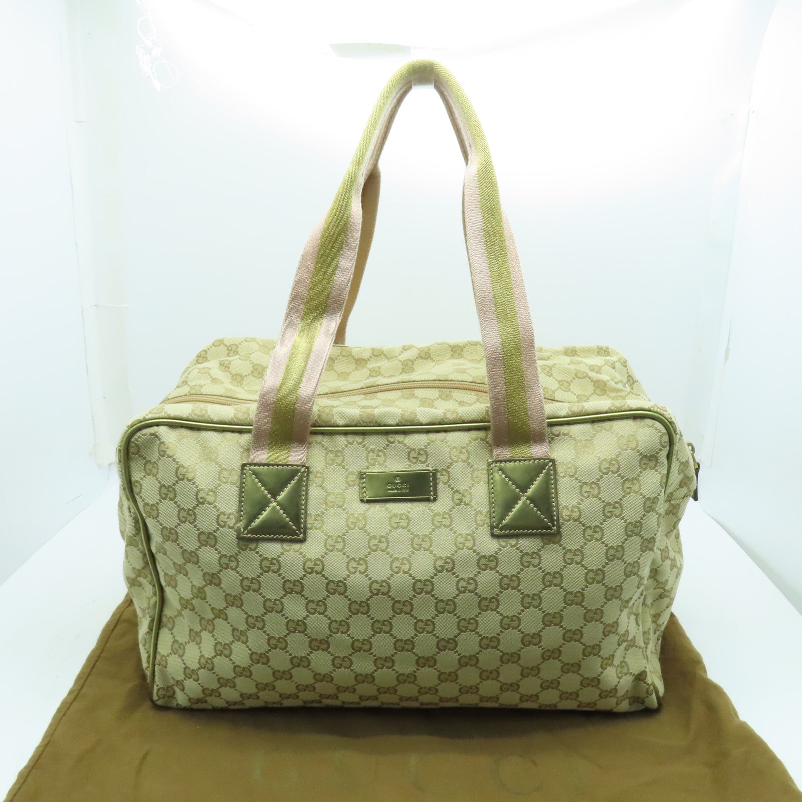 GUCCI 帆布Boston Bag金扣波士頓包淺褐色/金色