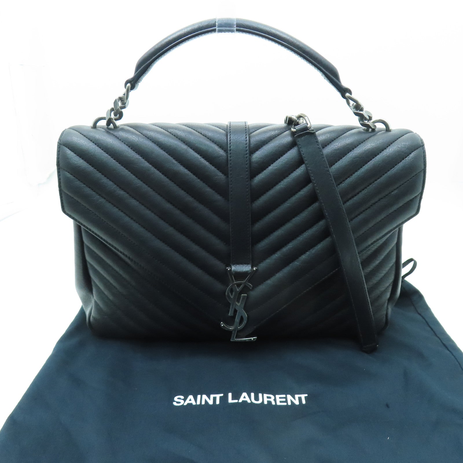 SAINT LAURENT 斜紋牛皮皮革College Bag銀扣手挽肩背兩用袋黑色