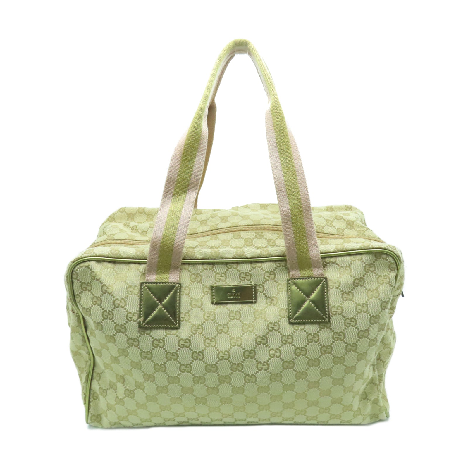 GUCCI 帆布Boston Bag金扣波士頓包淺褐色/金色