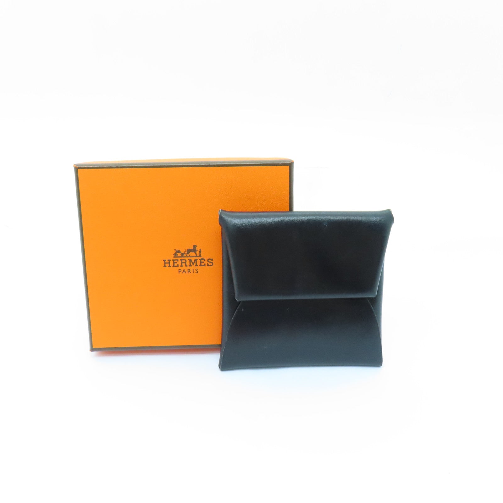 HERMES Box Calf皮革Calvi銀扣零錢包Noir黑色