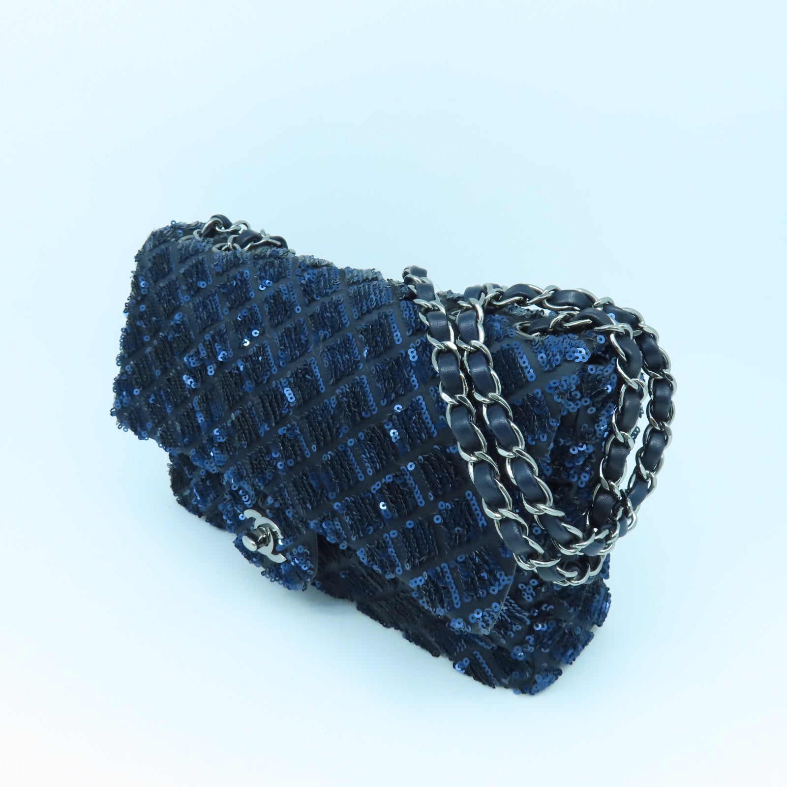 CHANEL Beaded Chain Shoulder Silver Buckle Chain Shoulder Bag Blue