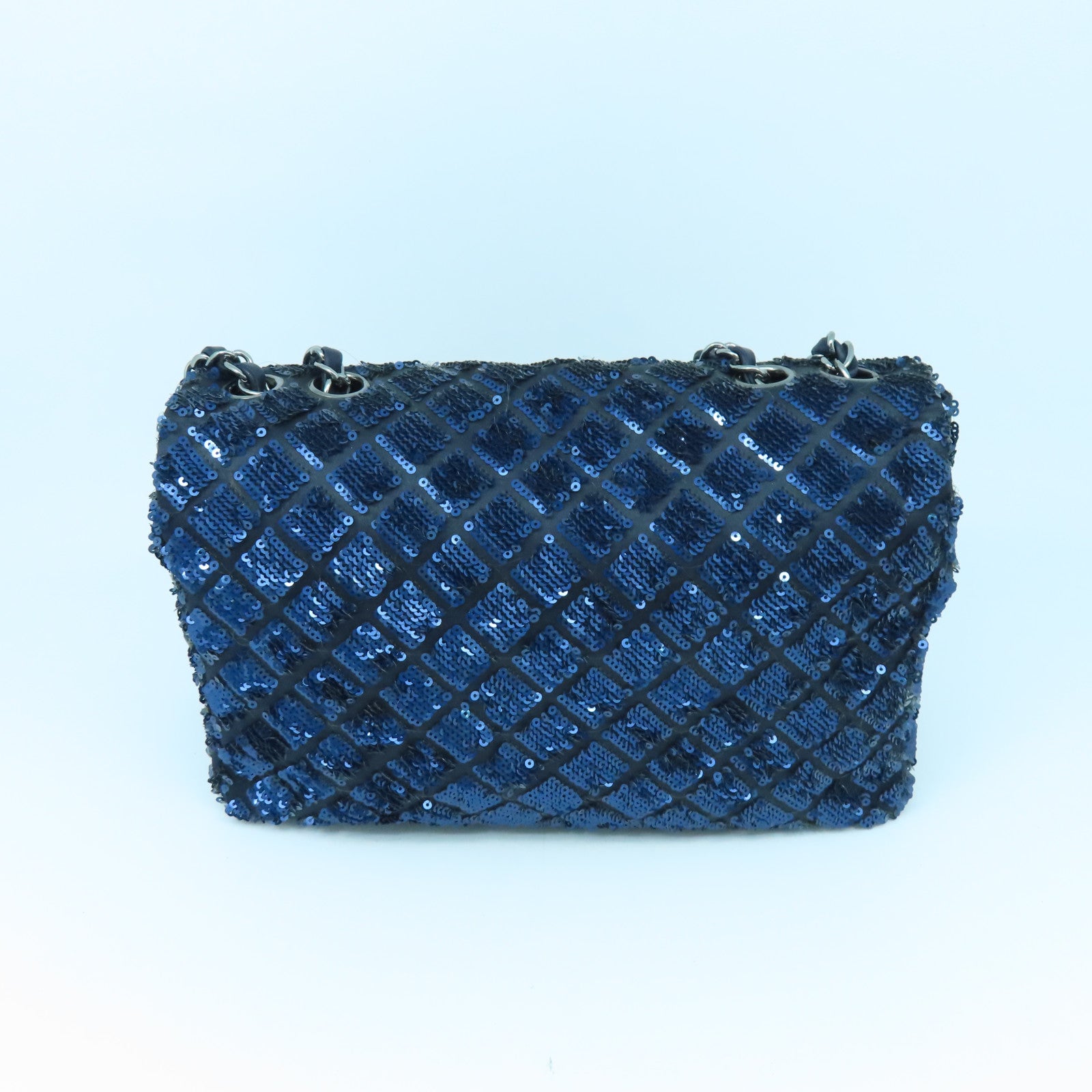 CHANEL Beaded Chain Shoulder Silver Buckle Chain Shoulder Bag Blue