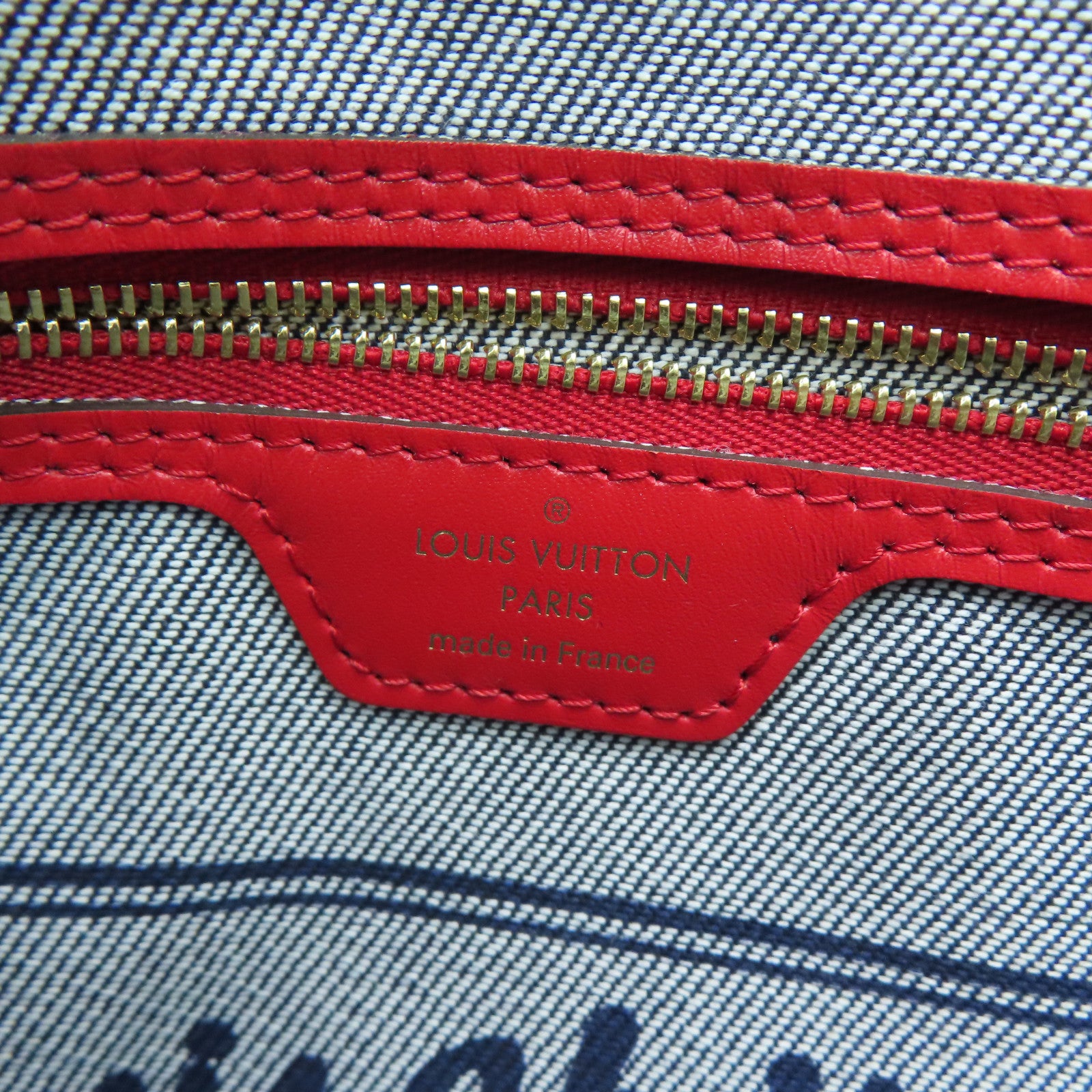 LOUIS VUITTON [Sharp Discount] Denim Neverfull MM Gold Buckle Hand Bag Blue/Red