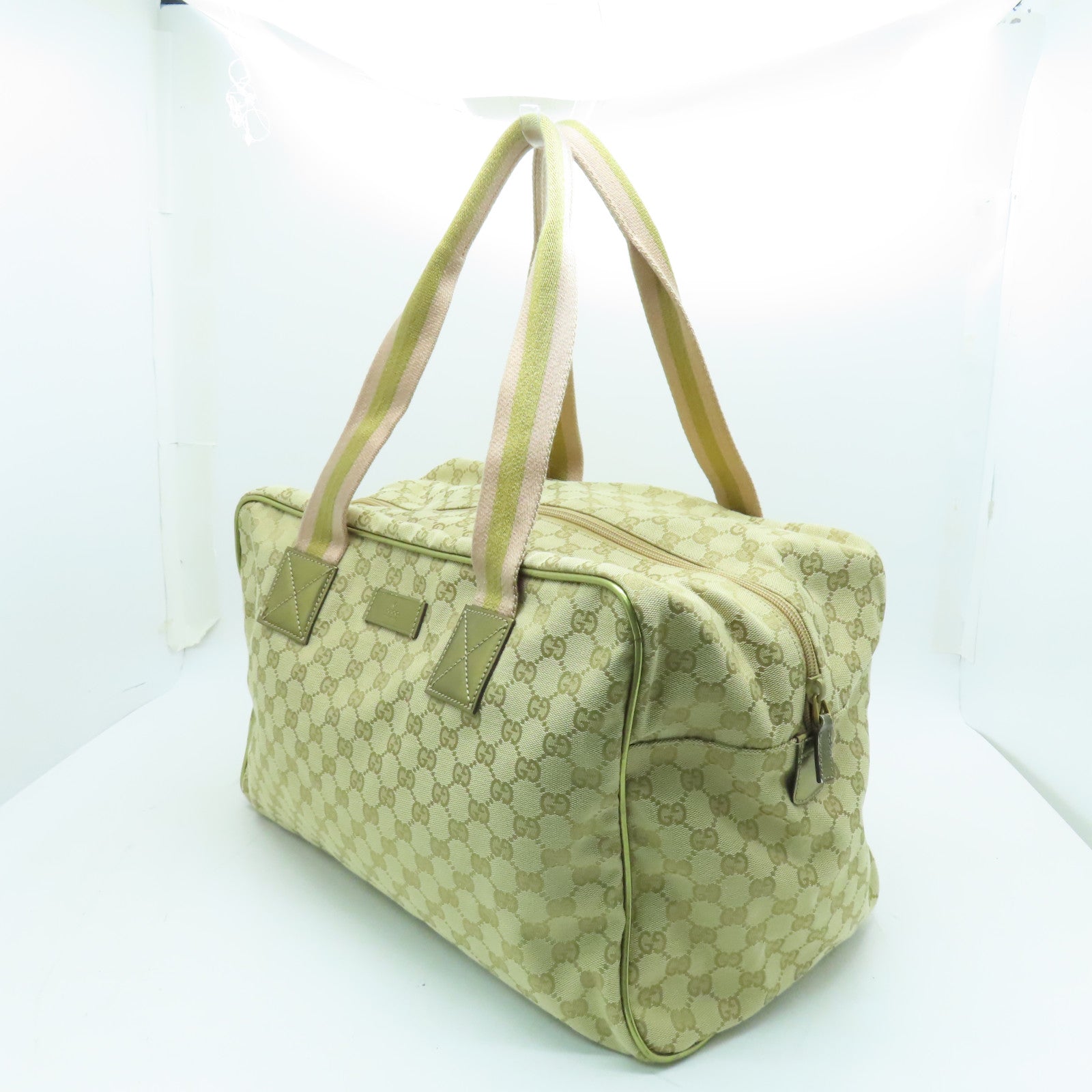 GUCCI 帆布Boston Bag金扣波士頓包淺褐色/金色