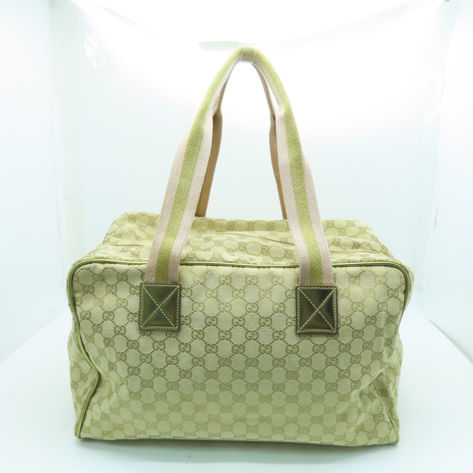 GUCCI 帆布Boston Bag金扣波士頓包淺褐色/金色