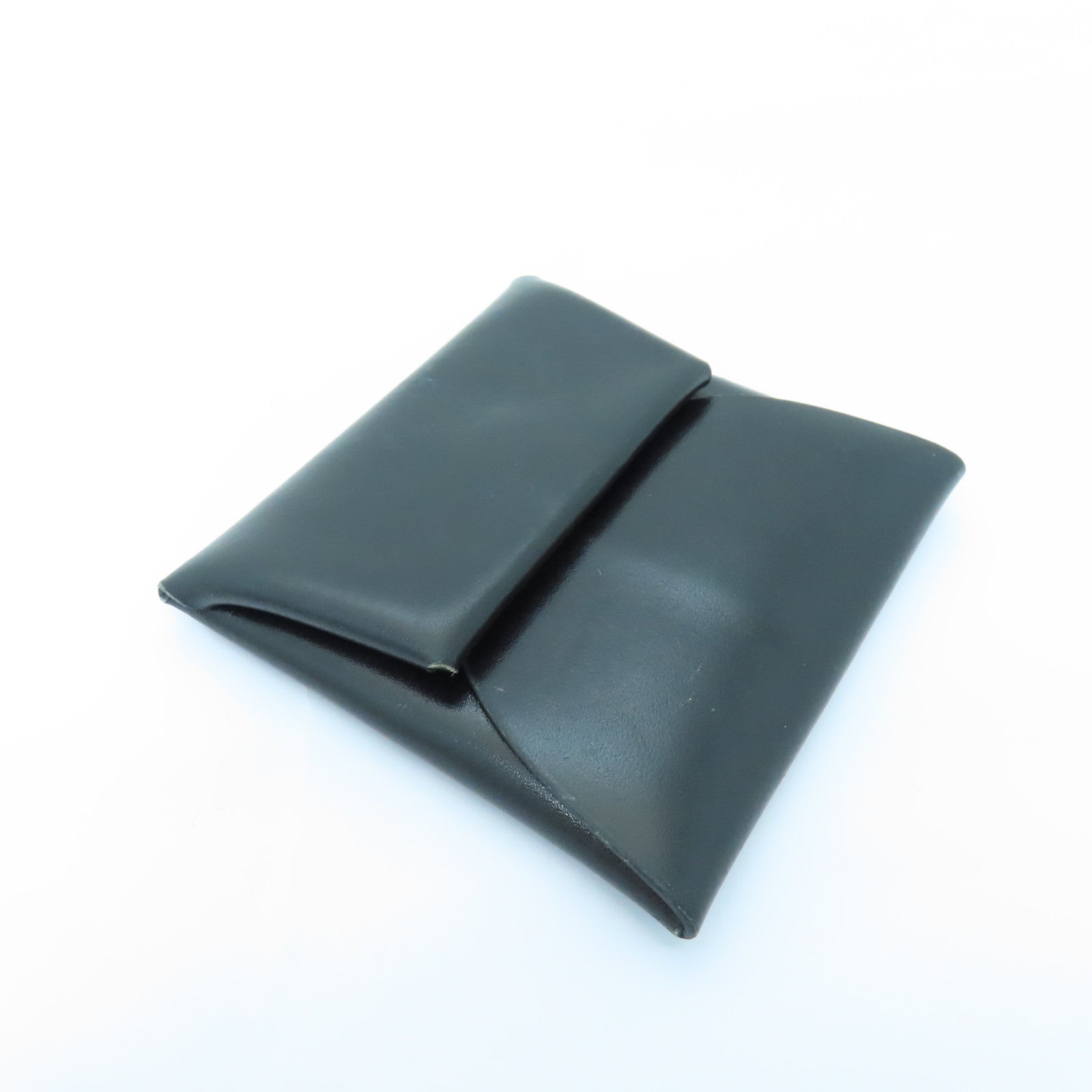 HERMES Box Calf皮革Calvi銀扣零錢包Noir黑色