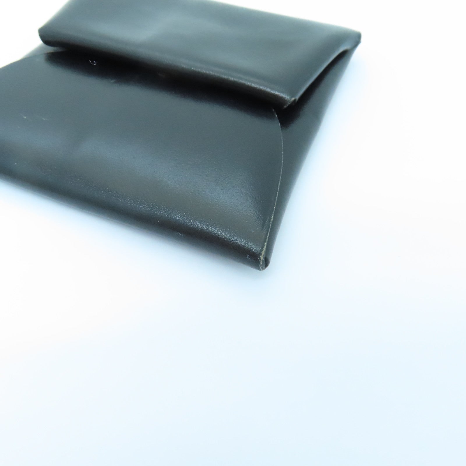 HERMES Box Calf皮革Calvi銀扣零錢包Noir黑色