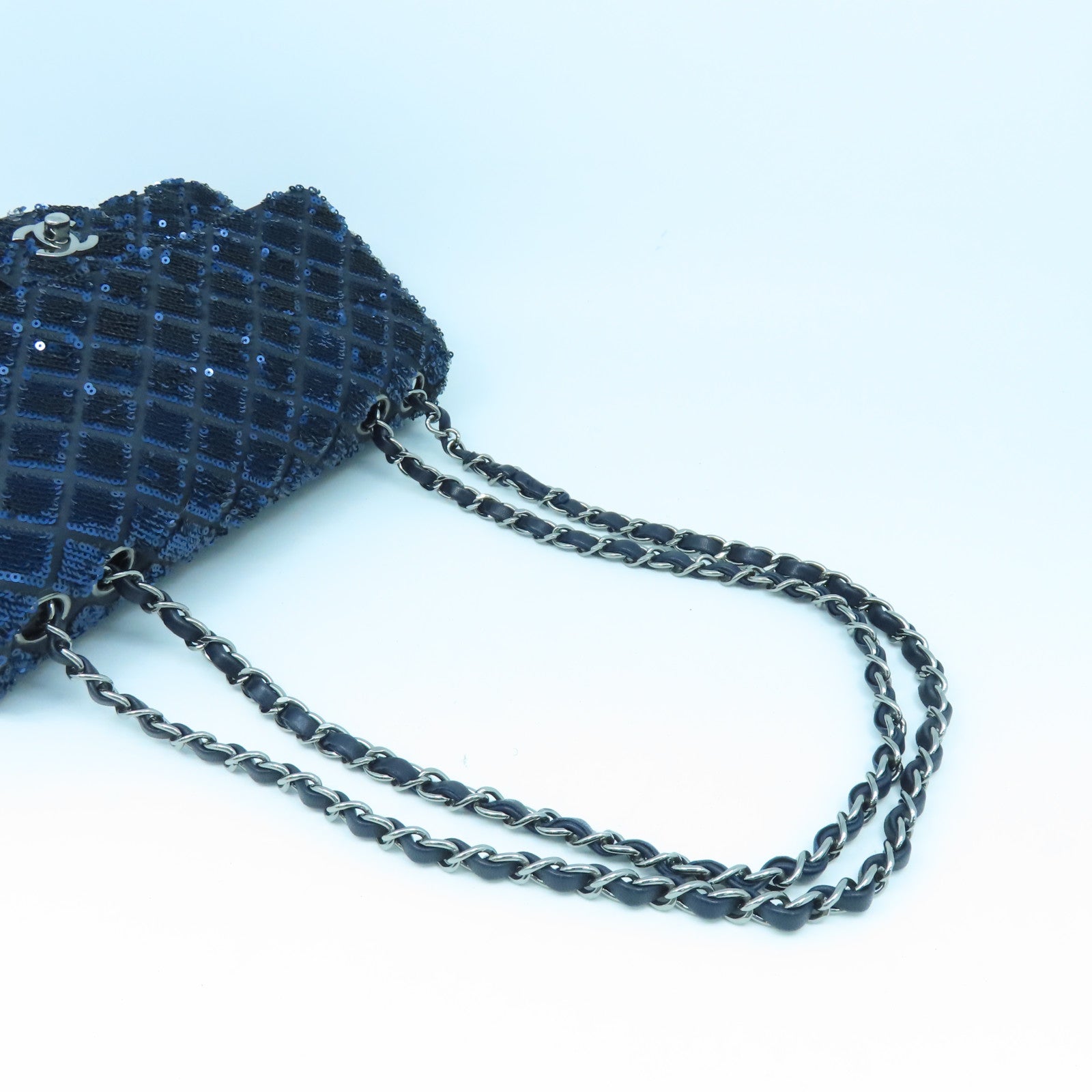 CHANEL Beaded Chain Shoulder Silver Buckle Chain Shoulder Bag Blue