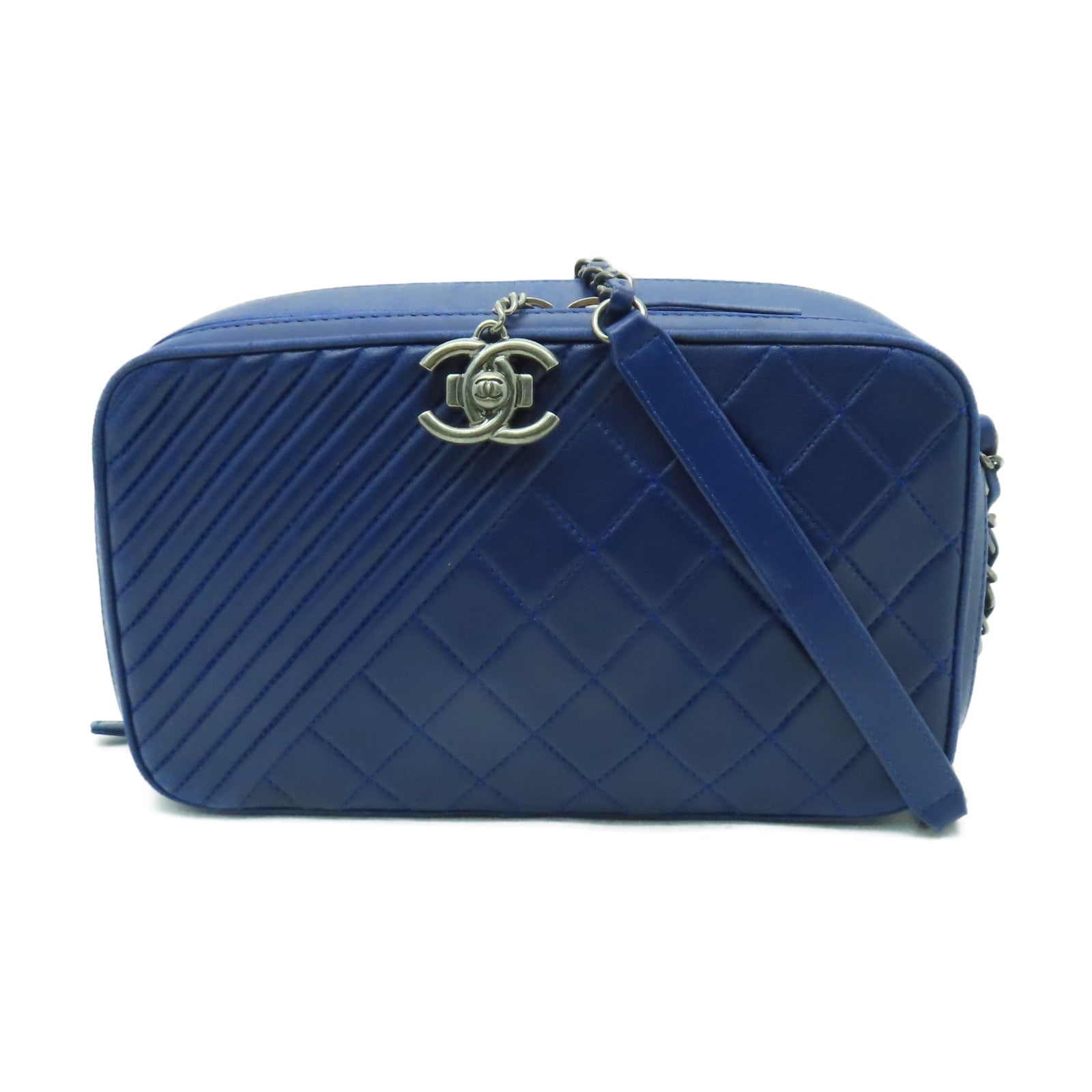 CHANEL 菱格牛皮皮革Coco Boy Camera Bag銀扣鏈帶肩背袋藍色