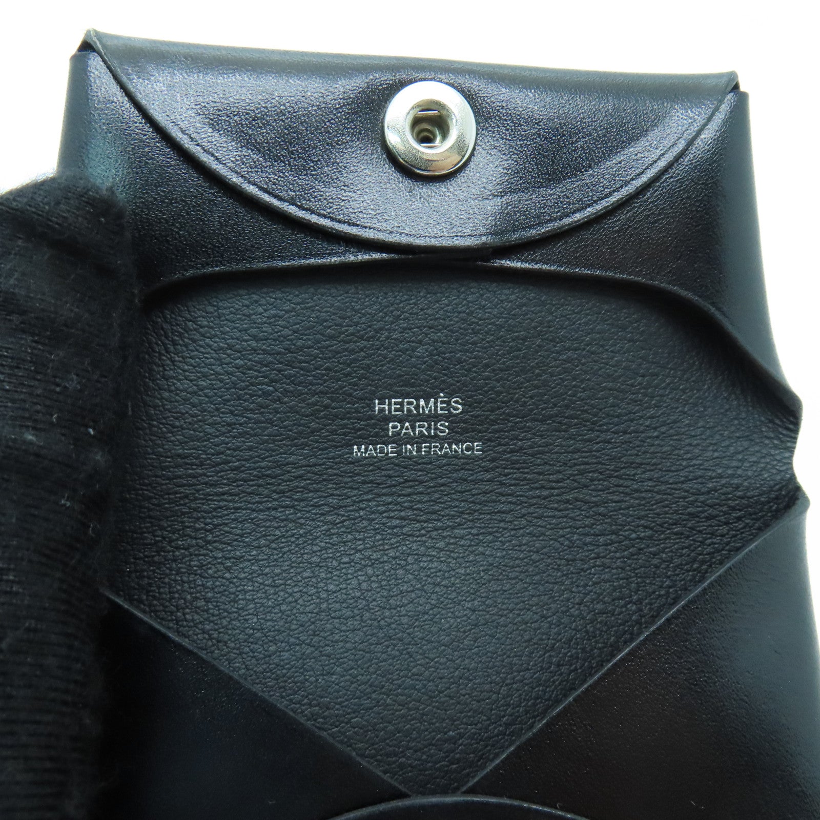 HERMES Box Calf皮革Calvi銀扣零錢包Noir黑色