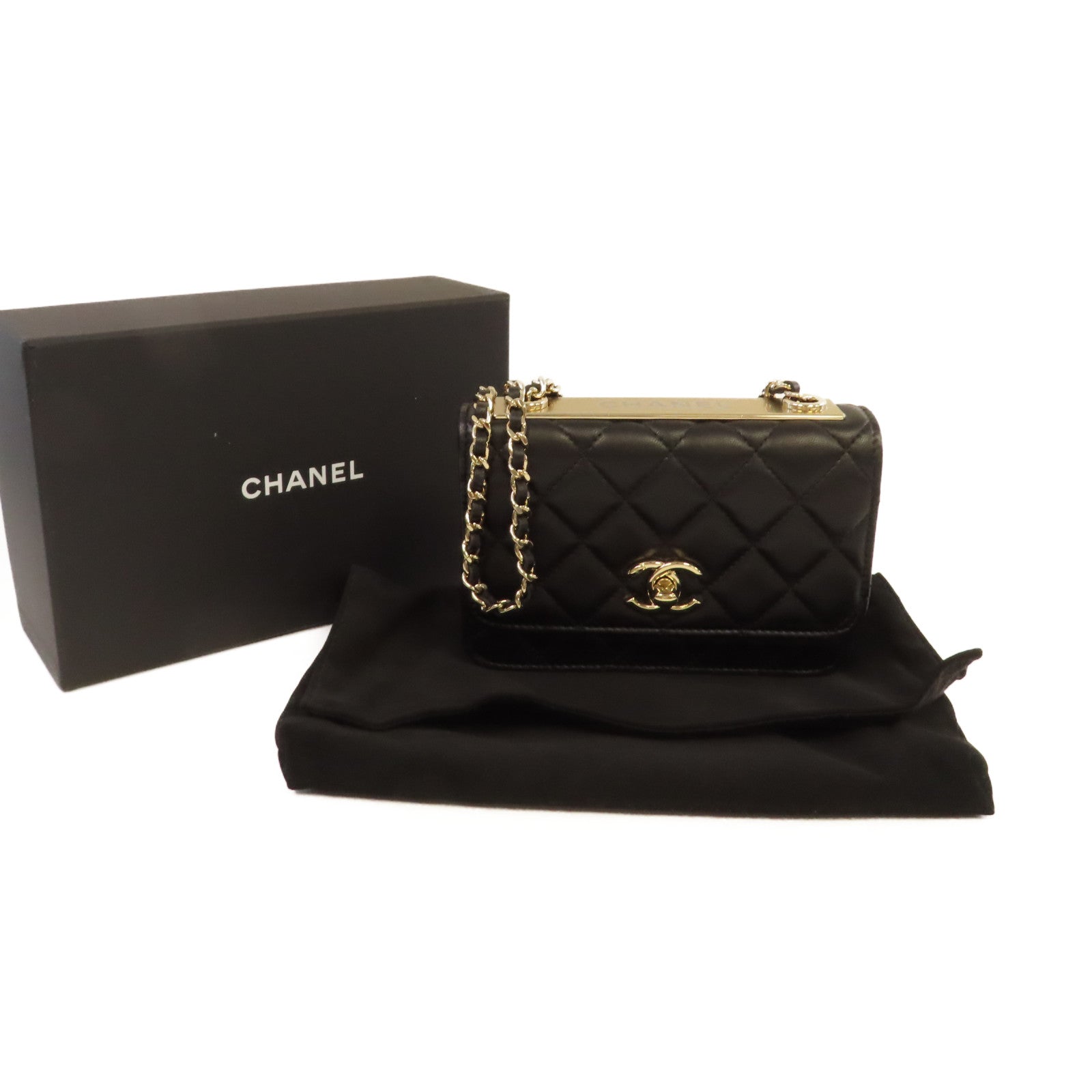 CHANEL 菱格羊皮皮革Trendy WOC Chain Shoulder Bag金扣鏈帶肩背袋黑色