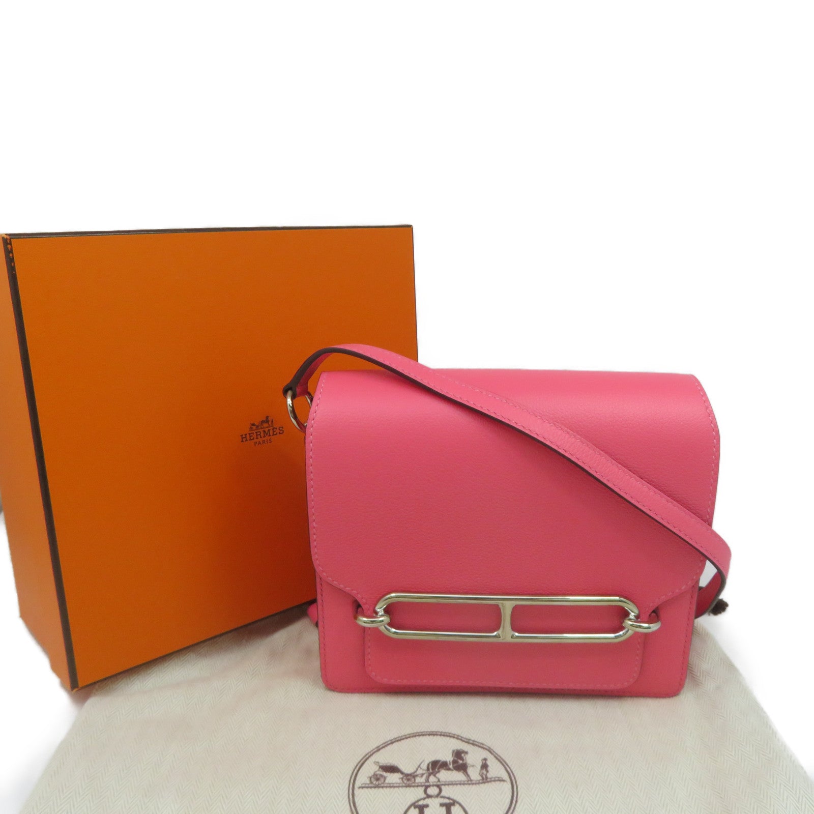 HERMES Evercolor皮革Mini Roulis银扣链带肩背袋Rose Azalee