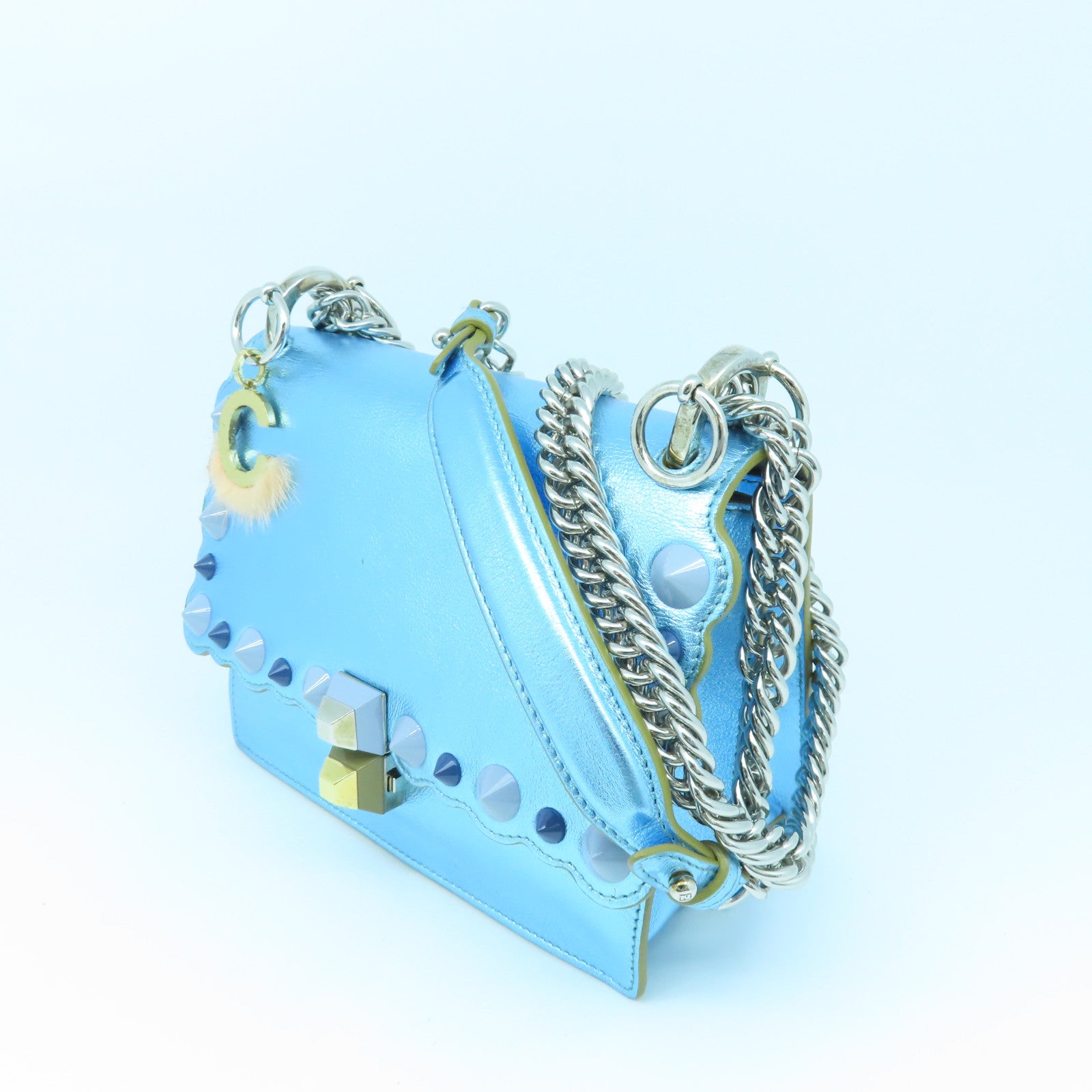 FENDI Cowhide Leather Kan I Gold Buckle/Silver Buckle Handle Shoulder Bag Blue