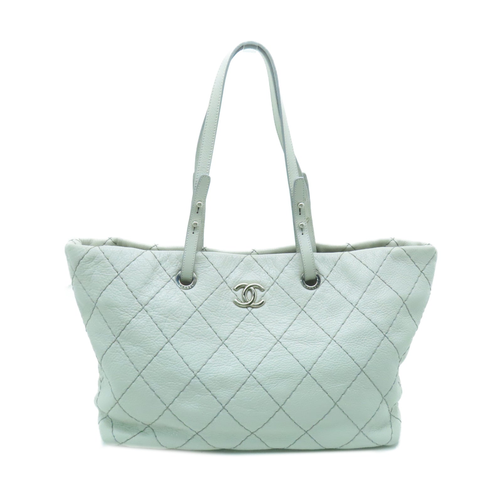 CHANEL 菱格牛皮皮革Totebag銀扣肩背袋手挽袋米色