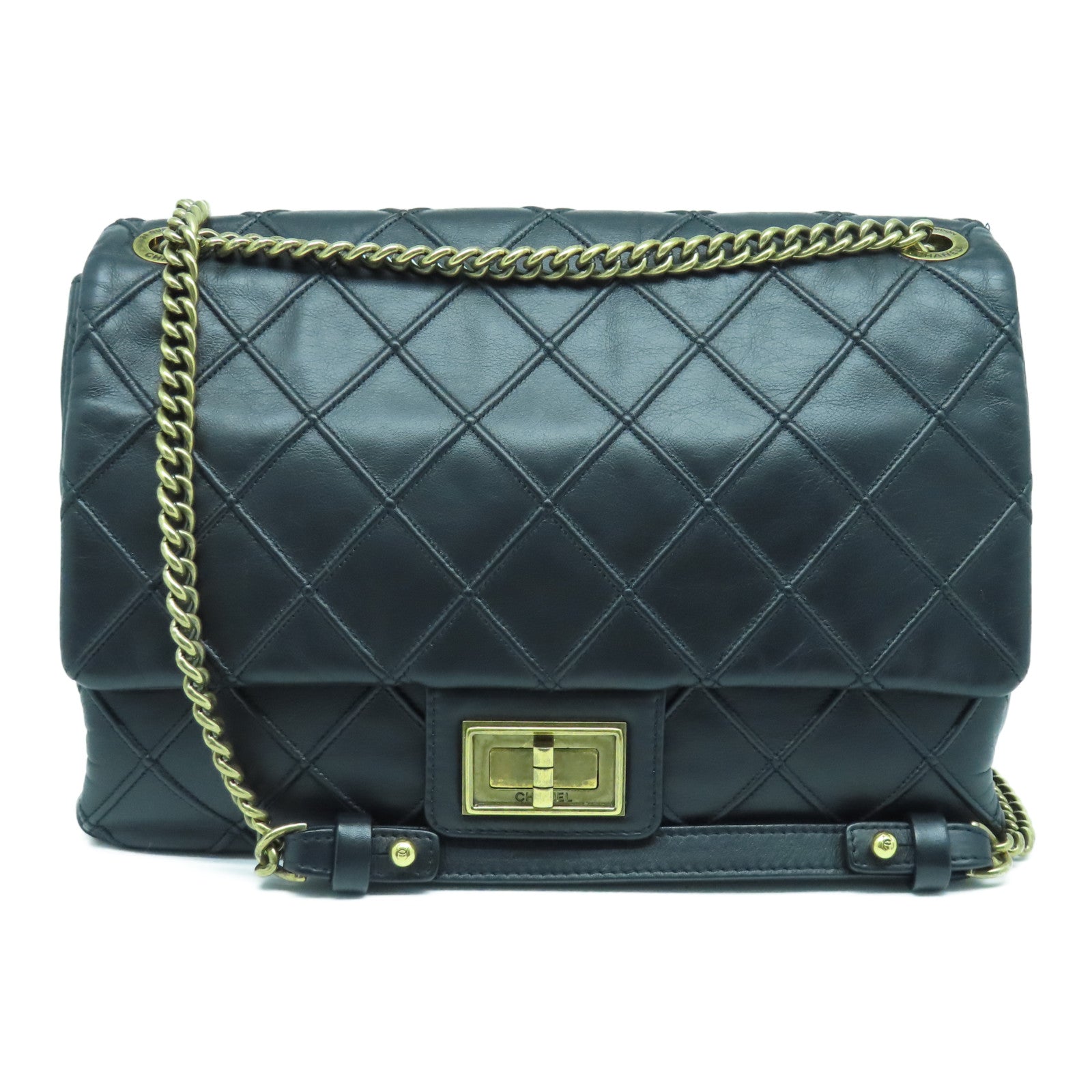 CHANEL 菱格羊皮皮革Chain Shoulder Bag金扣鏈帶肩背袋黑色