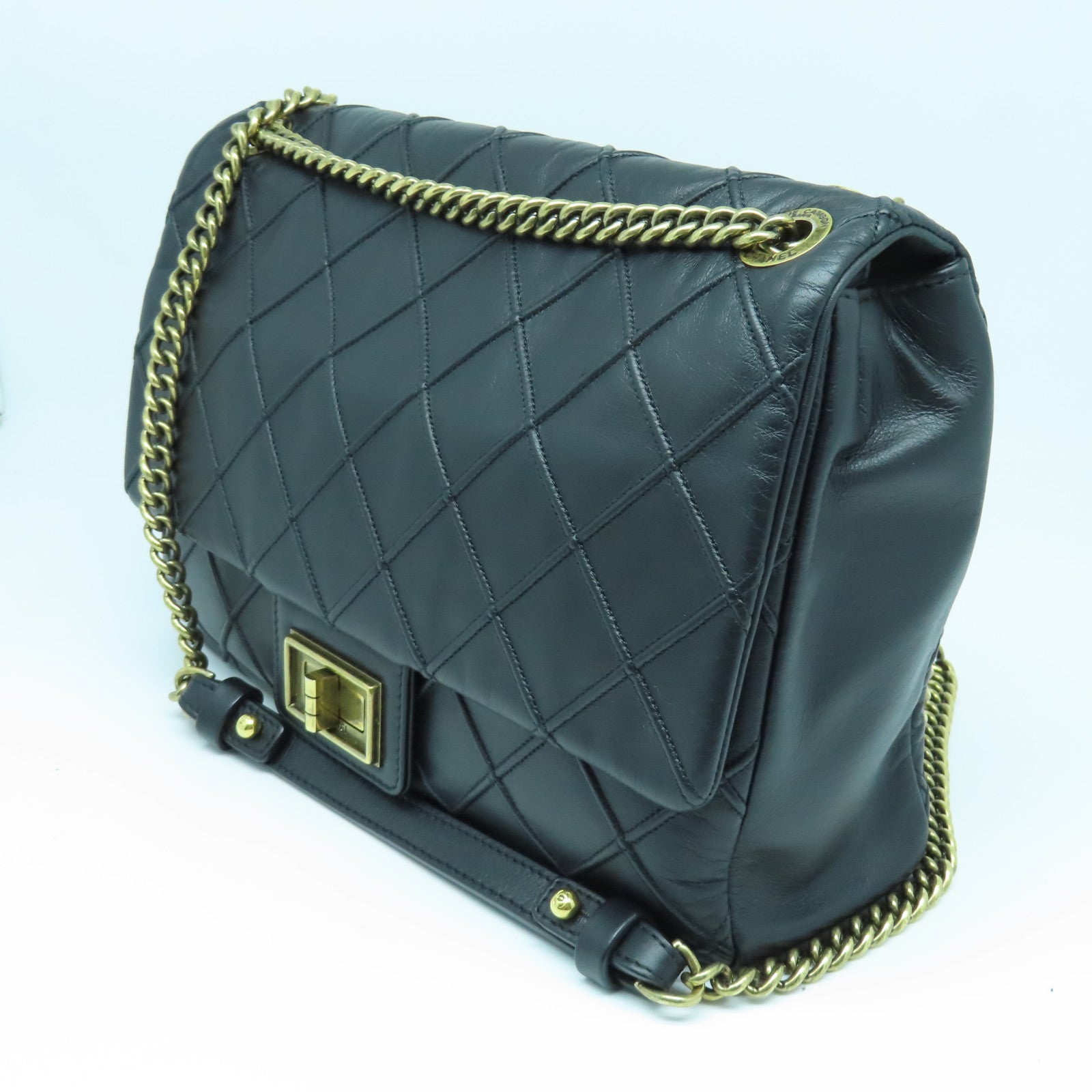 CHANEL 菱格羊皮皮革Chain Shoulder Bag金扣鏈帶肩背袋黑色