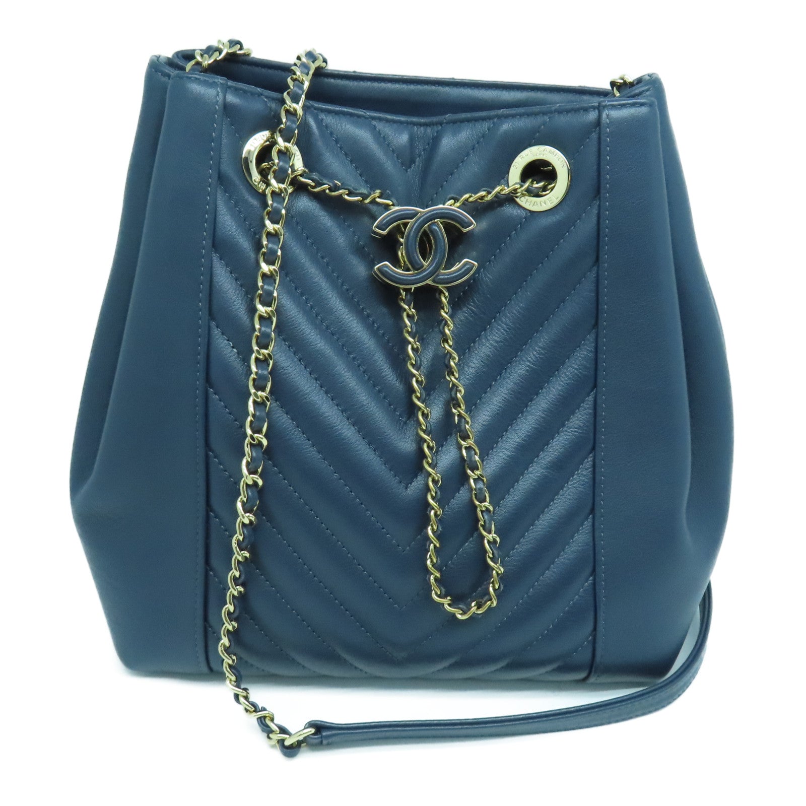CHANEL 【激減優惠】斜紋牛皮皮革Drawstring Bag金扣鏈帶肩背袋深藍色