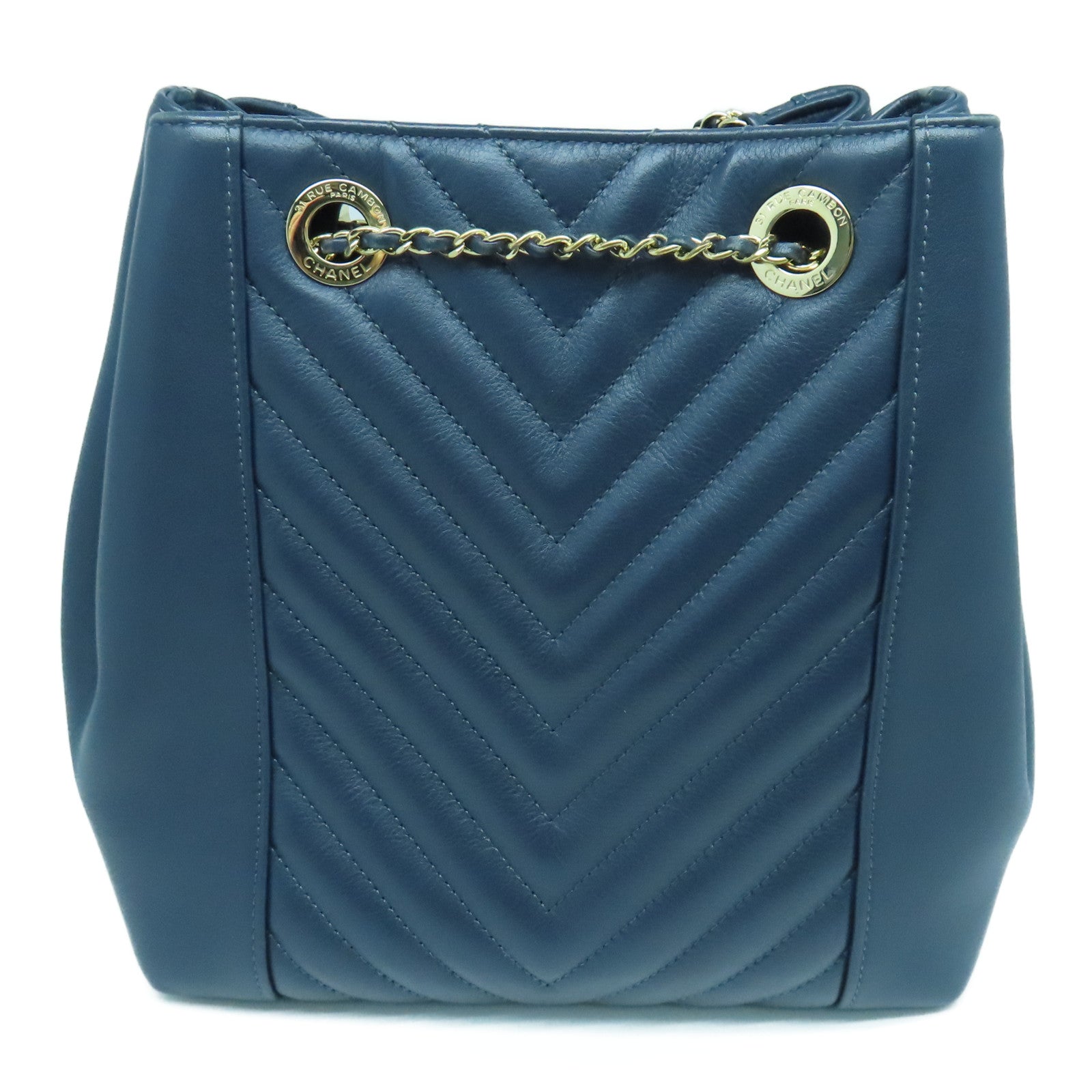 CHANEL 【激減優惠】斜紋牛皮皮革Drawstring Bag金扣鏈帶肩背袋深藍色