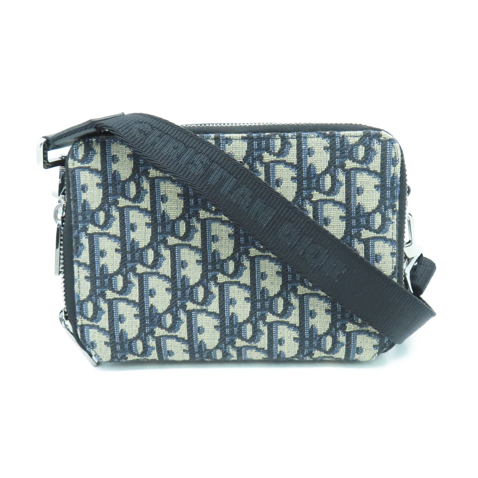 Dior 帆布Pouch With Strap銀扣肩背袋黑色/棕色