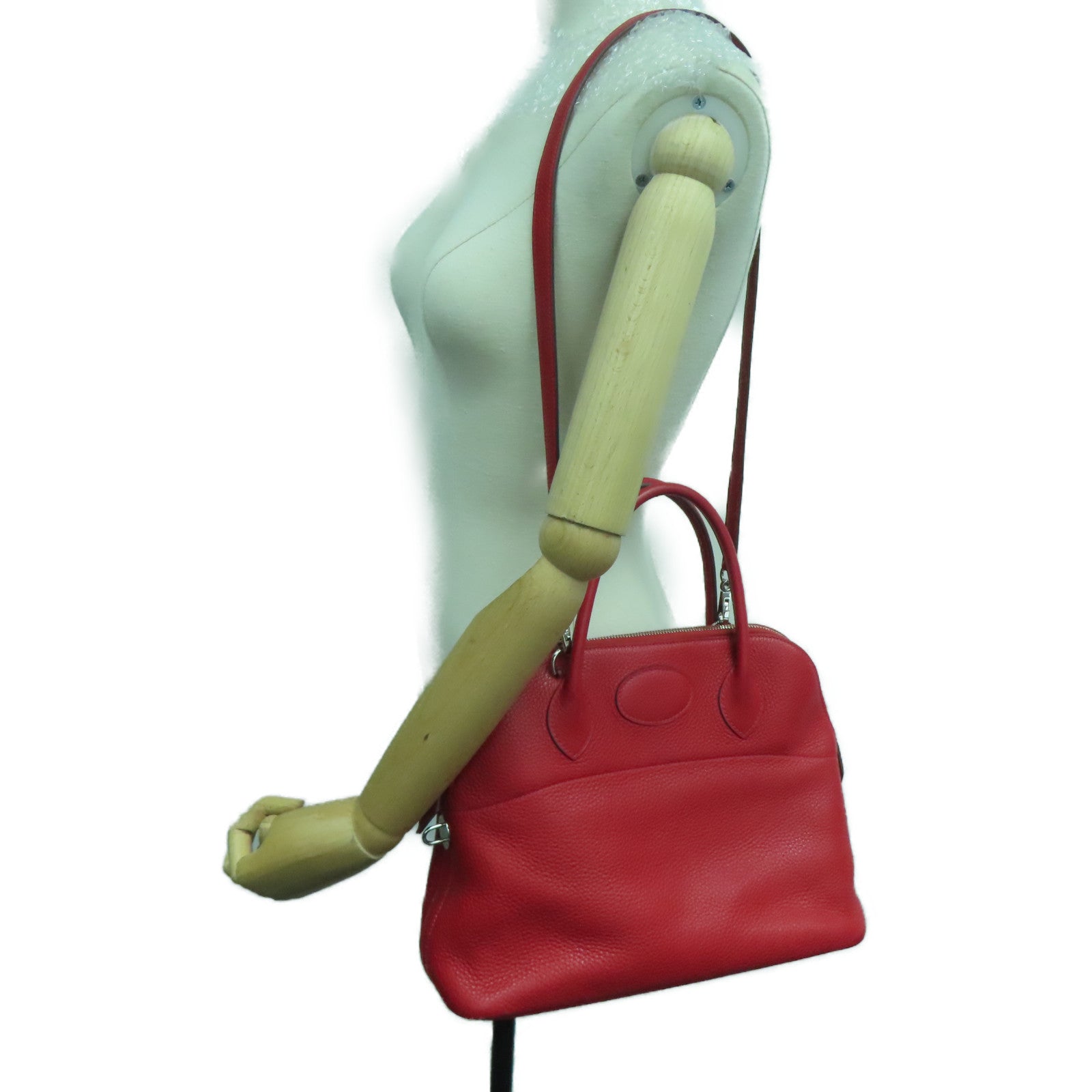 HERMES [Sharp Discount] Clemence Leather Bolide 31 Silver Buckle Handle Shoulder Backpack Rouge Casaque/Red