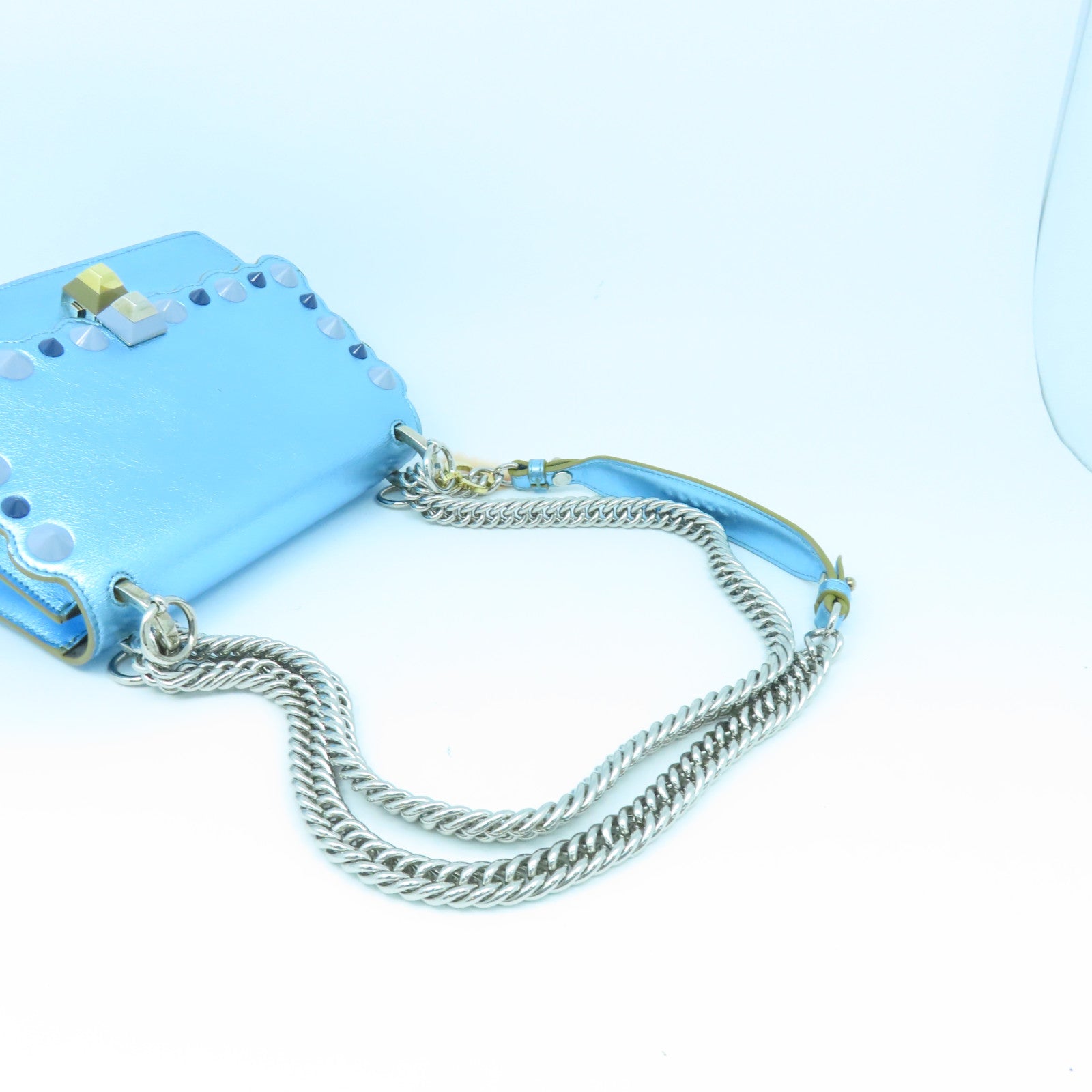 FENDI Cowhide Leather Kan I Gold Buckle/Silver Buckle Handle Shoulder Bag Blue