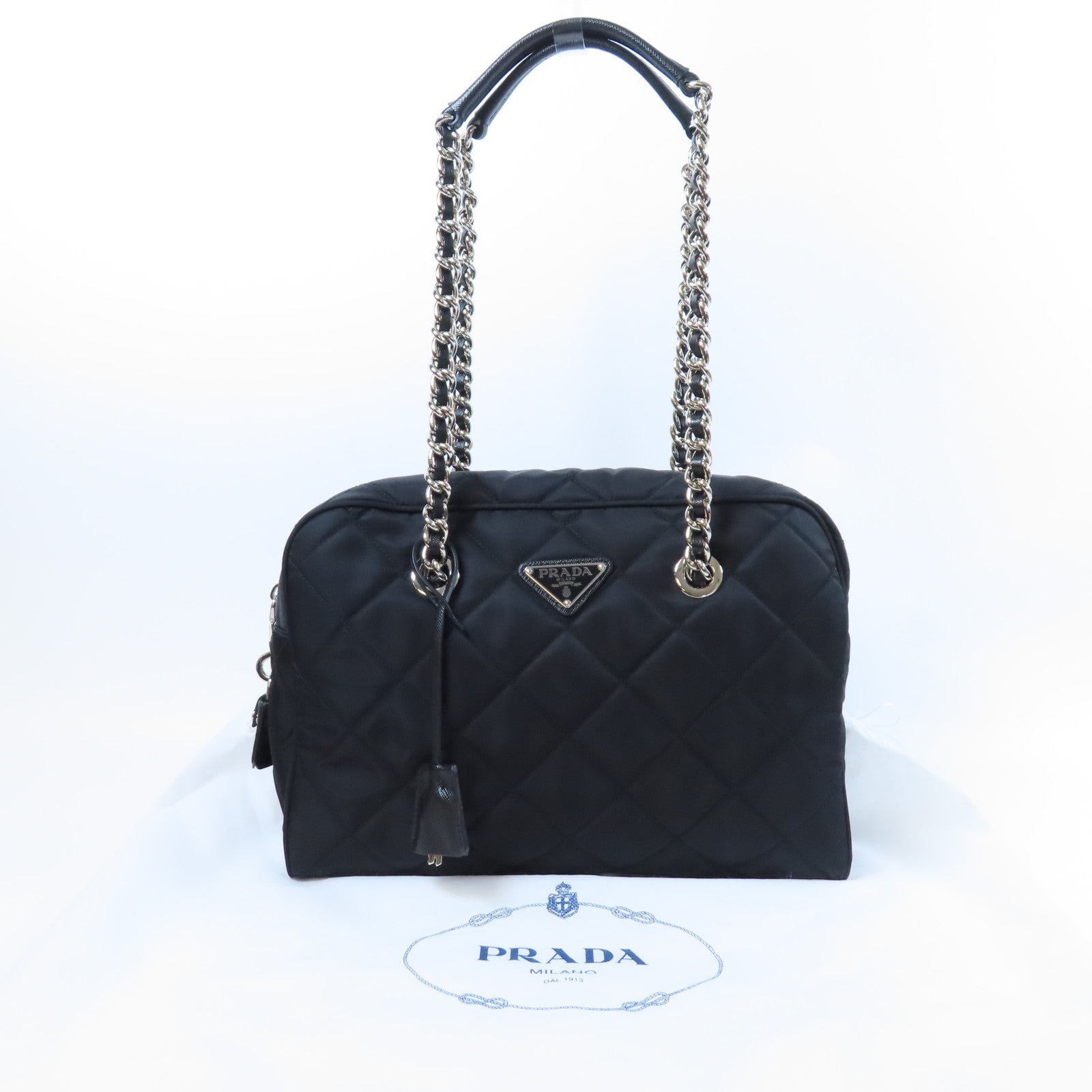 PRADA 菱格尼龍Shoulder Bag銀扣肩背袋黑色