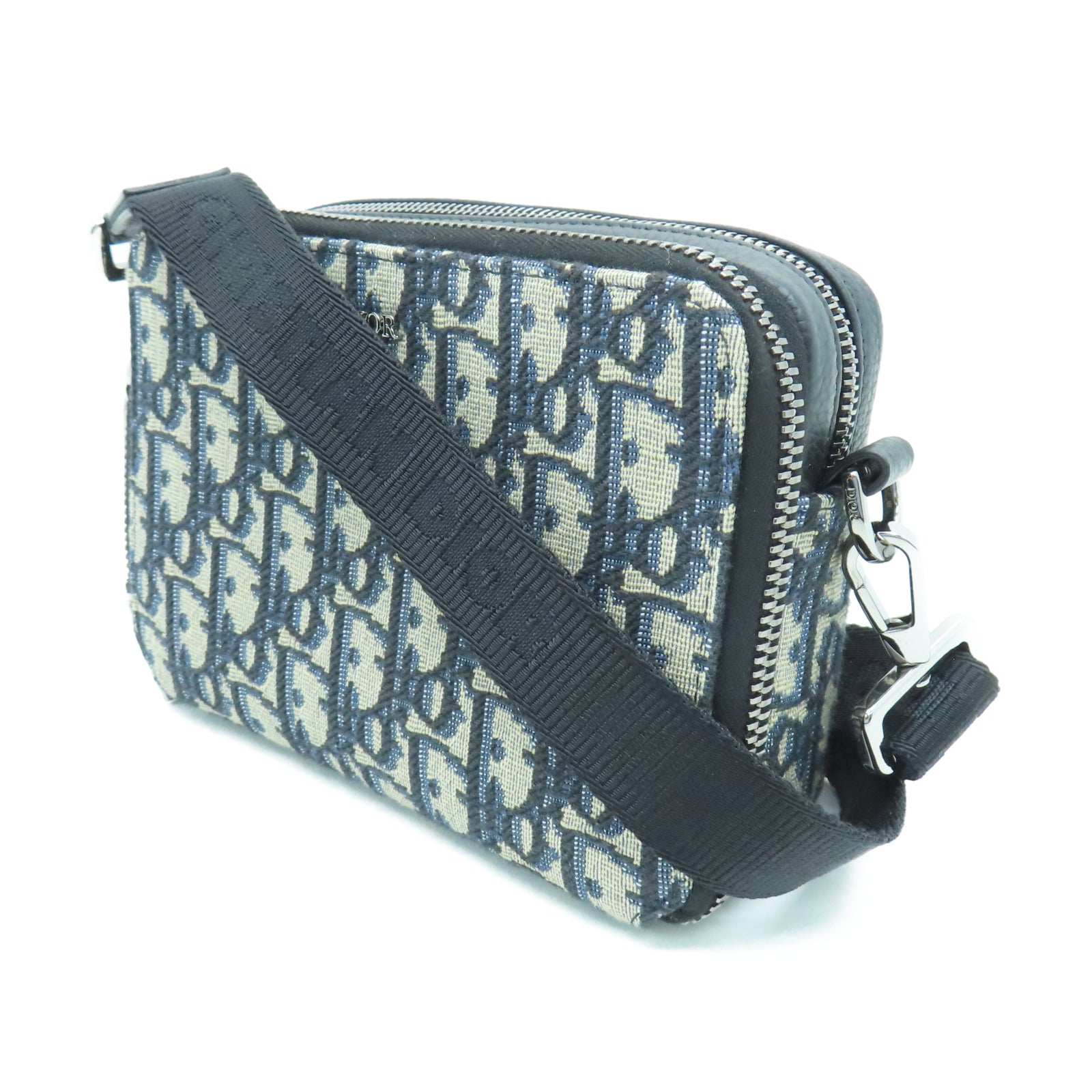 Dior 帆布Pouch With Strap銀扣肩背袋黑色/棕色