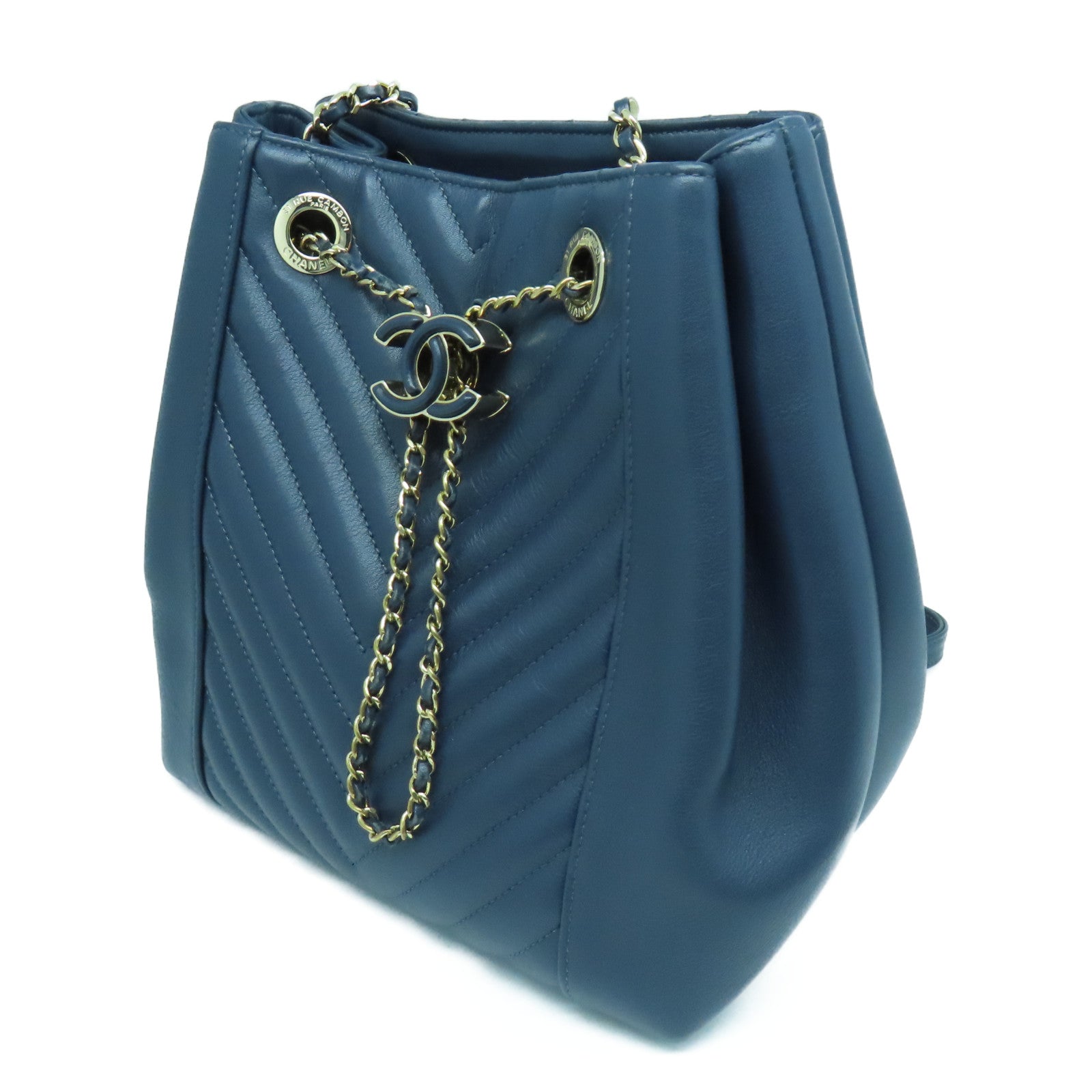 CHANEL 【激減優惠】斜紋牛皮皮革Drawstring Bag金扣鏈帶肩背袋深藍色