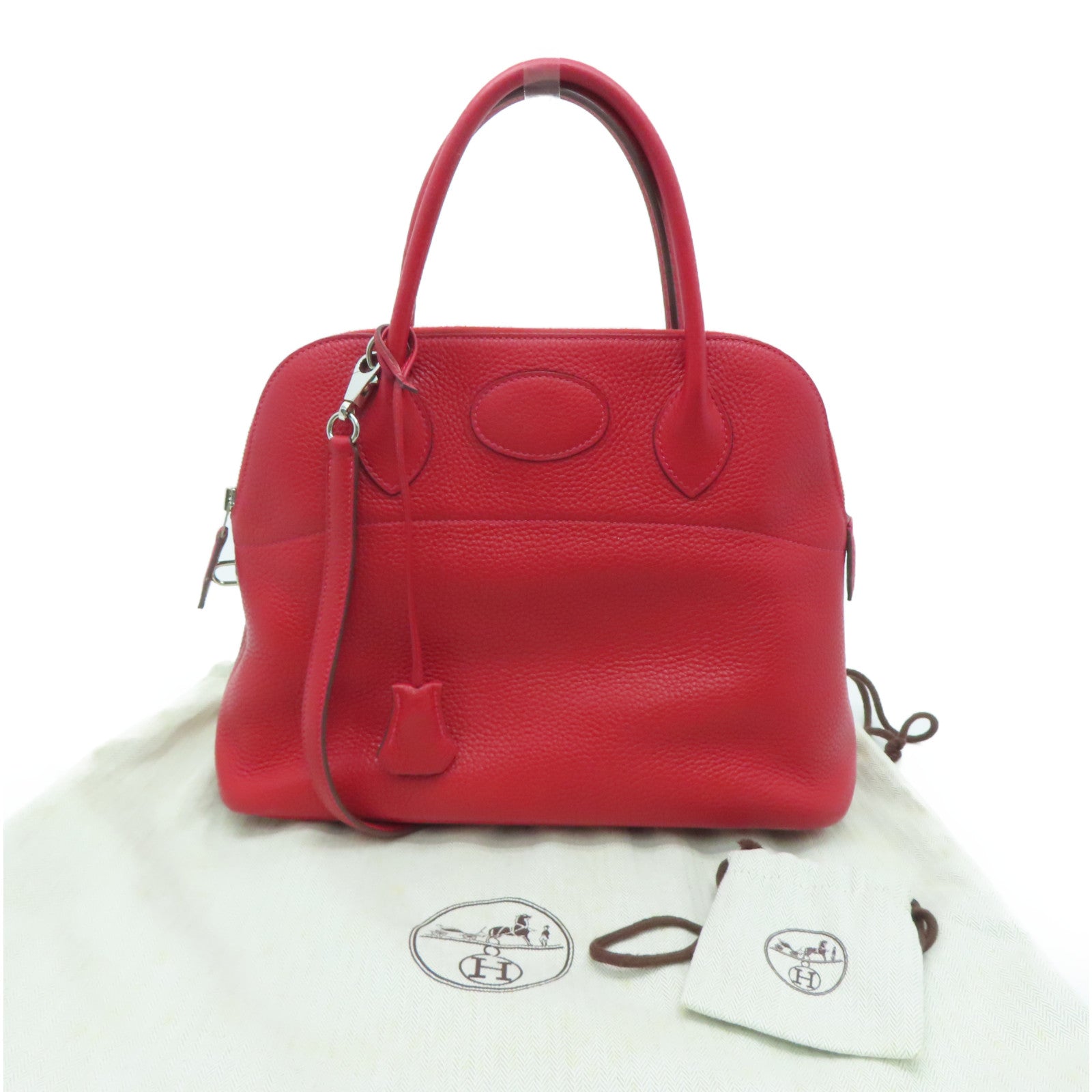 HERMES [Sharp Discount] Clemence Leather Bolide 31 Silver Buckle Handle Shoulder Backpack Rouge Casaque/Red