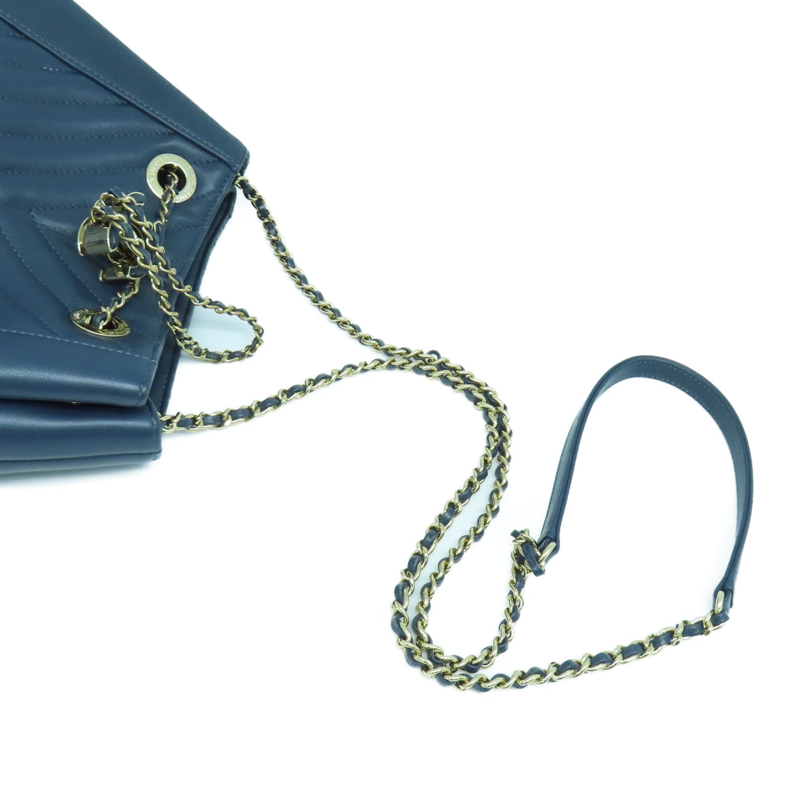 CHANEL 【激減優惠】斜紋牛皮皮革Drawstring Bag金扣鏈帶肩背袋深藍色