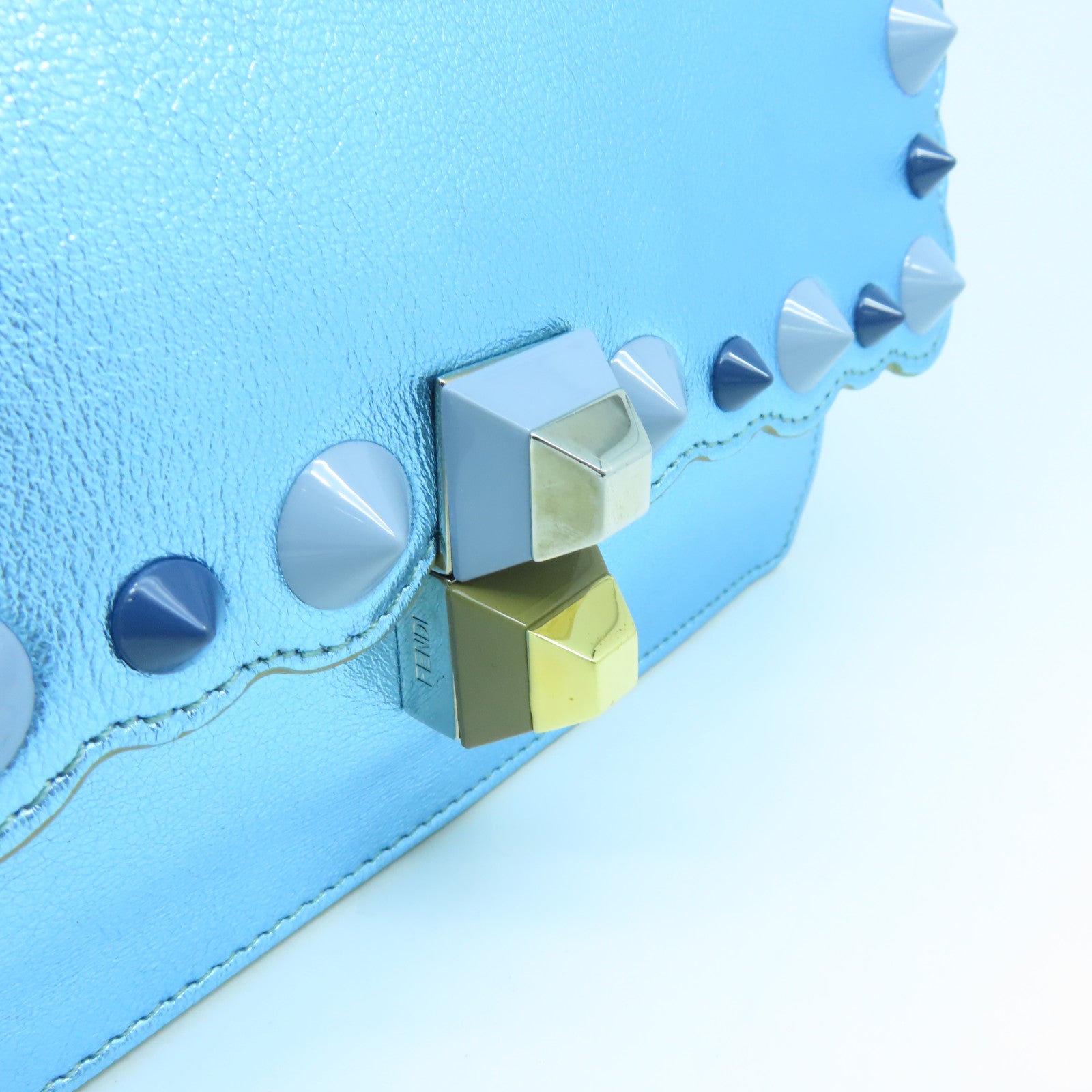 FENDI Cowhide Leather Kan I Gold Buckle/Silver Buckle Handle Shoulder Bag Blue