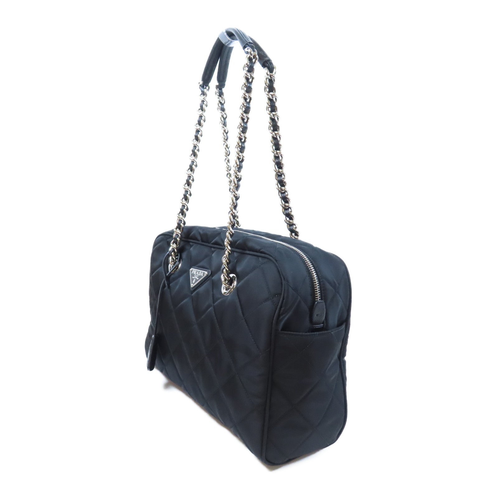PRADA 菱格尼龍Shoulder Bag銀扣肩背袋黑色