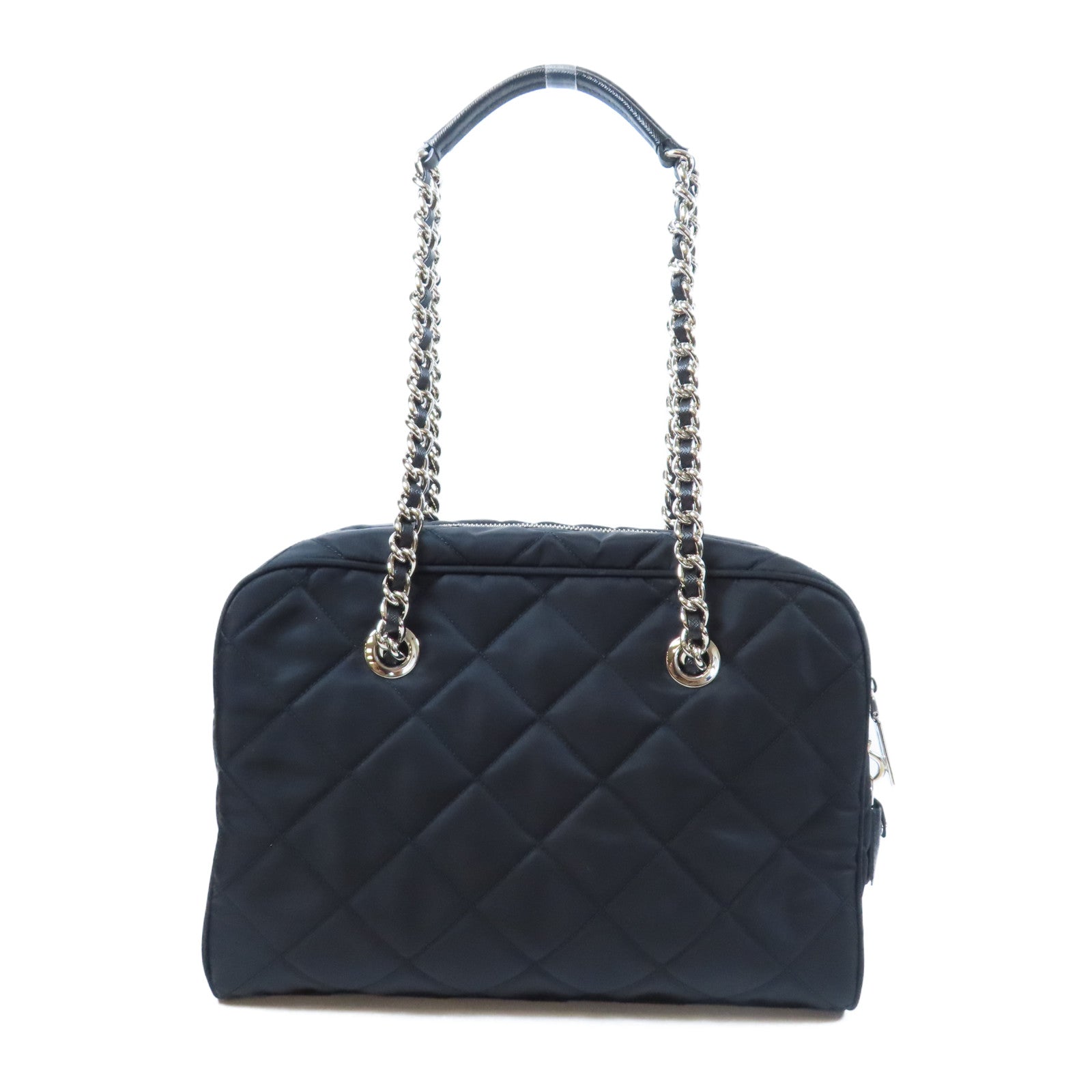 PRADA 菱格尼龍Shoulder Bag銀扣肩背袋黑色