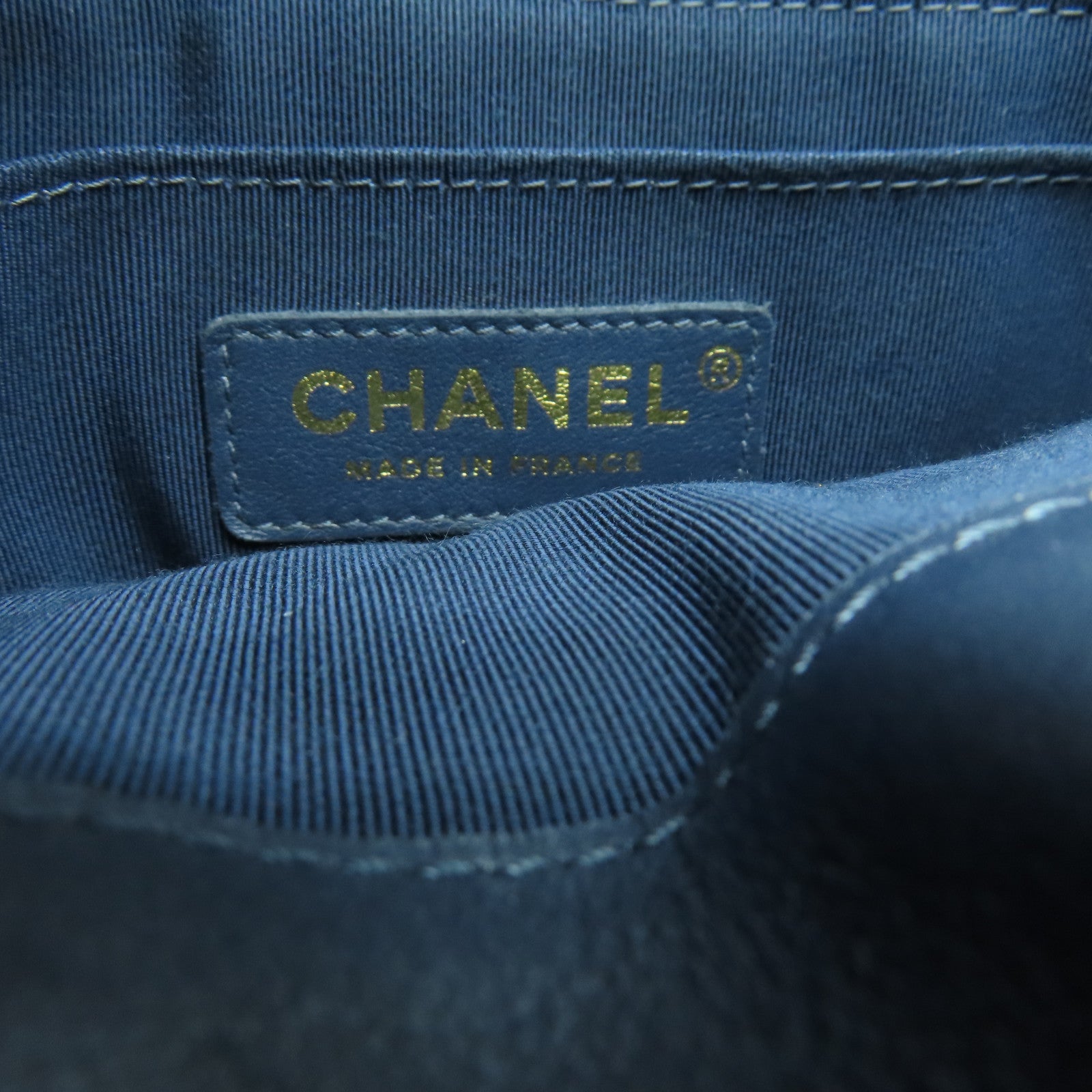 CHANEL 【激減優惠】斜紋牛皮皮革Drawstring Bag金扣鏈帶肩背袋深藍色