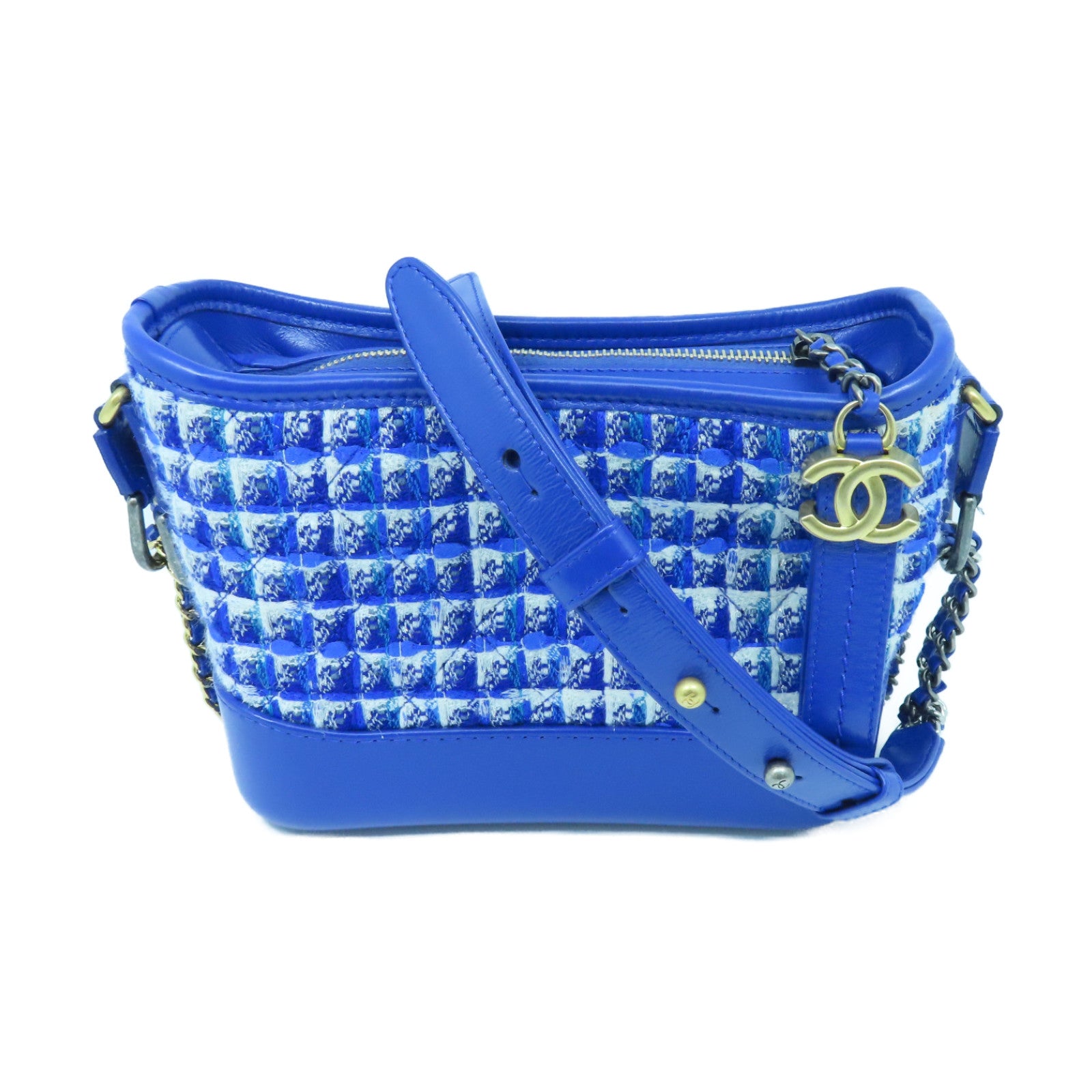 CHANEL tweed Gabrielle gold buckle / silver buckle chain shoulder bag blue