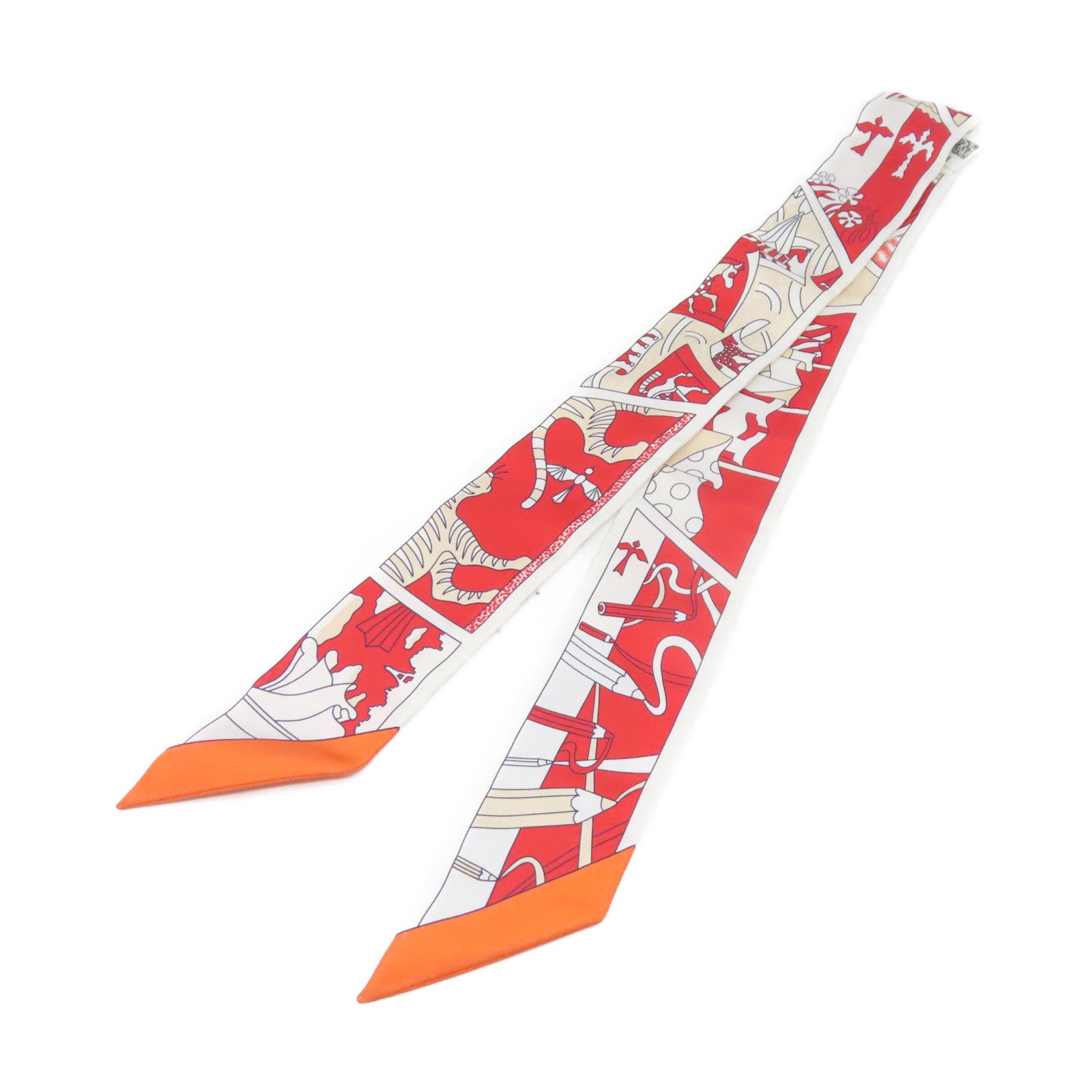 HERMES 【激減優惠】絲質Twilly絲巾紅色/白色