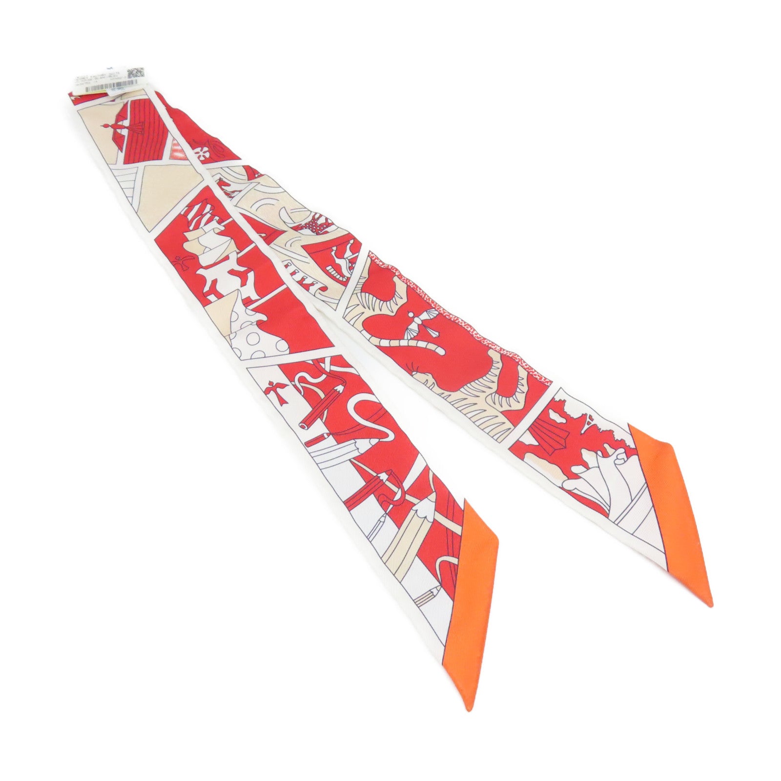 HERMES 【激減優惠】絲質Twilly絲巾紅色/白色