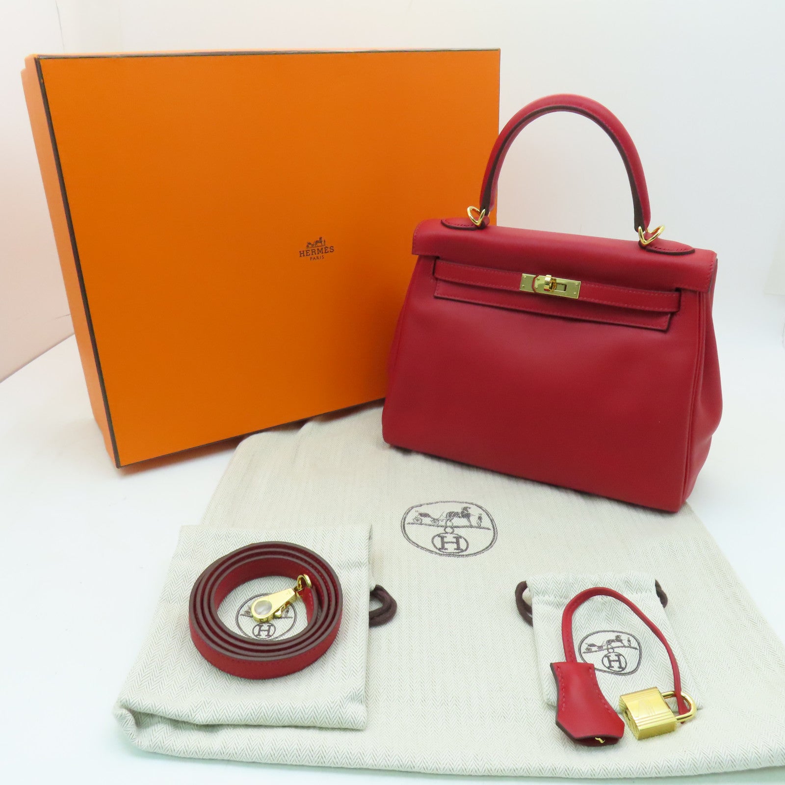 HERMES Swift皮革Kelly 25金扣手挽肩背兩用袋Rouge Piment辣椒紅色
