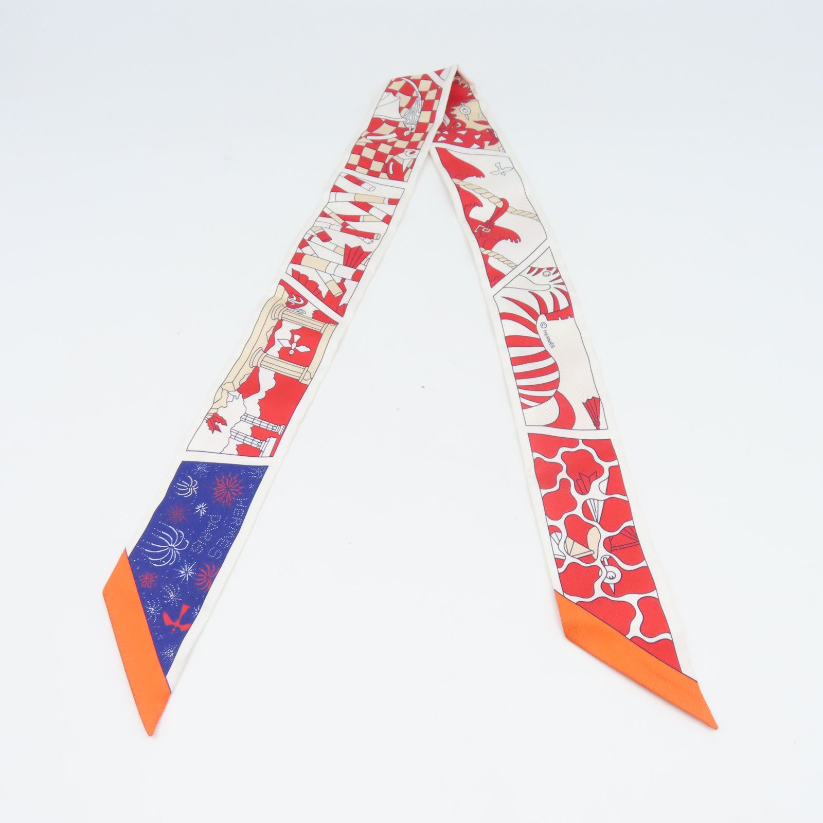 HERMES 【激減優惠】絲質Twilly絲巾紅色/白色