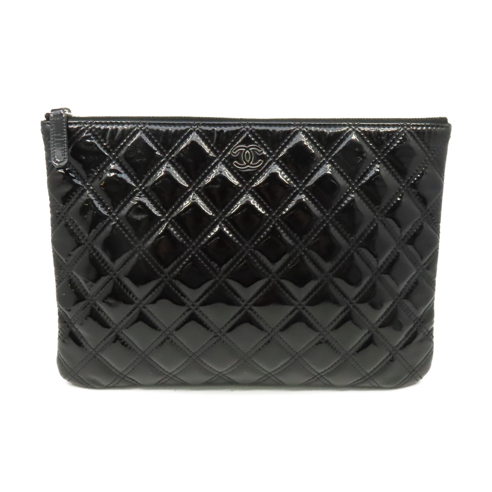 CHANEL 菱格漆皮Clutch銀扣手拿包黑色