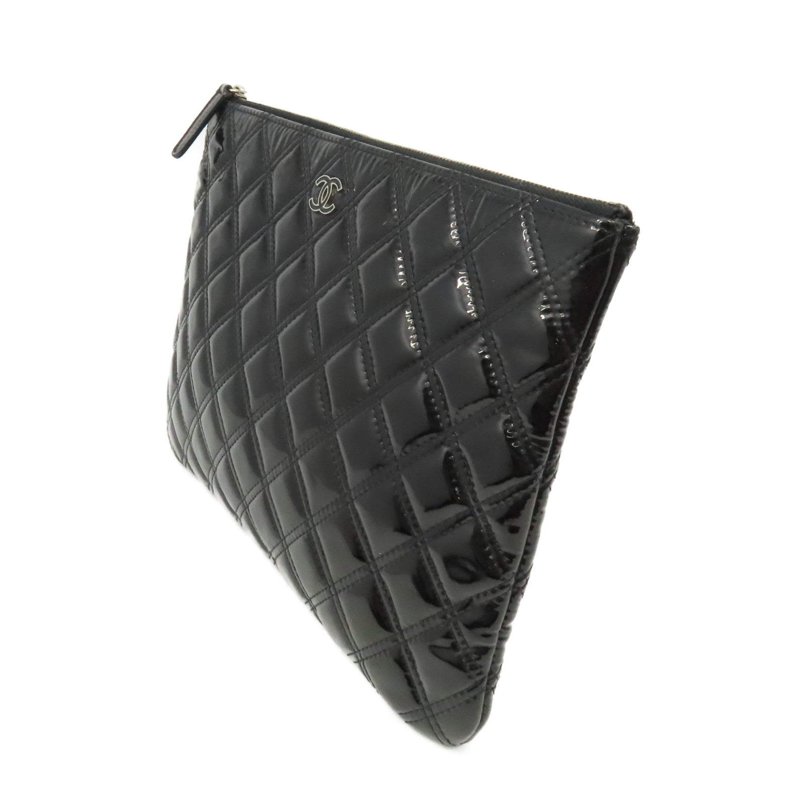 CHANEL 菱格漆皮Clutch銀扣手拿包黑色