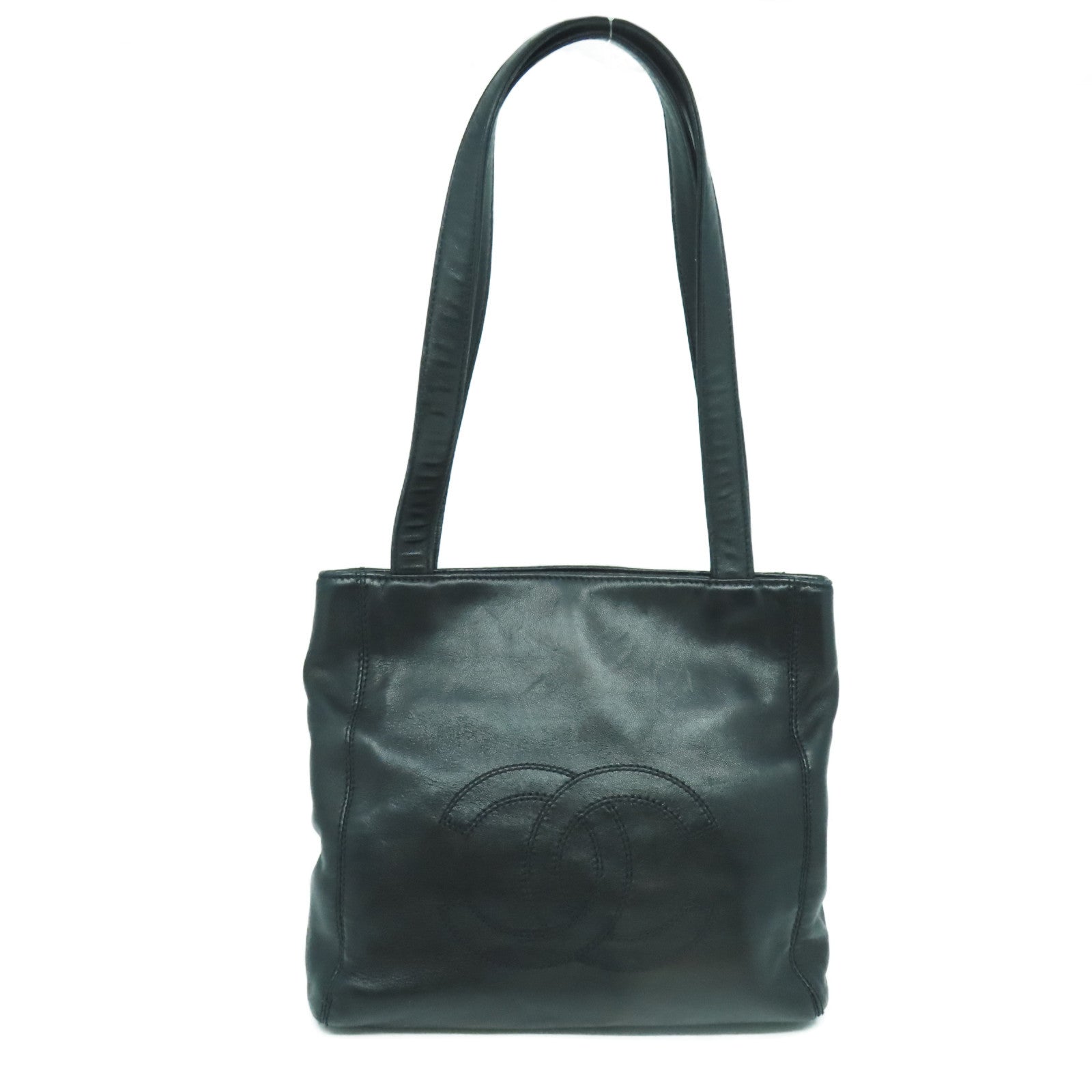 CHANEL 羊皮皮革Totebag銀扣手挽袋黑色