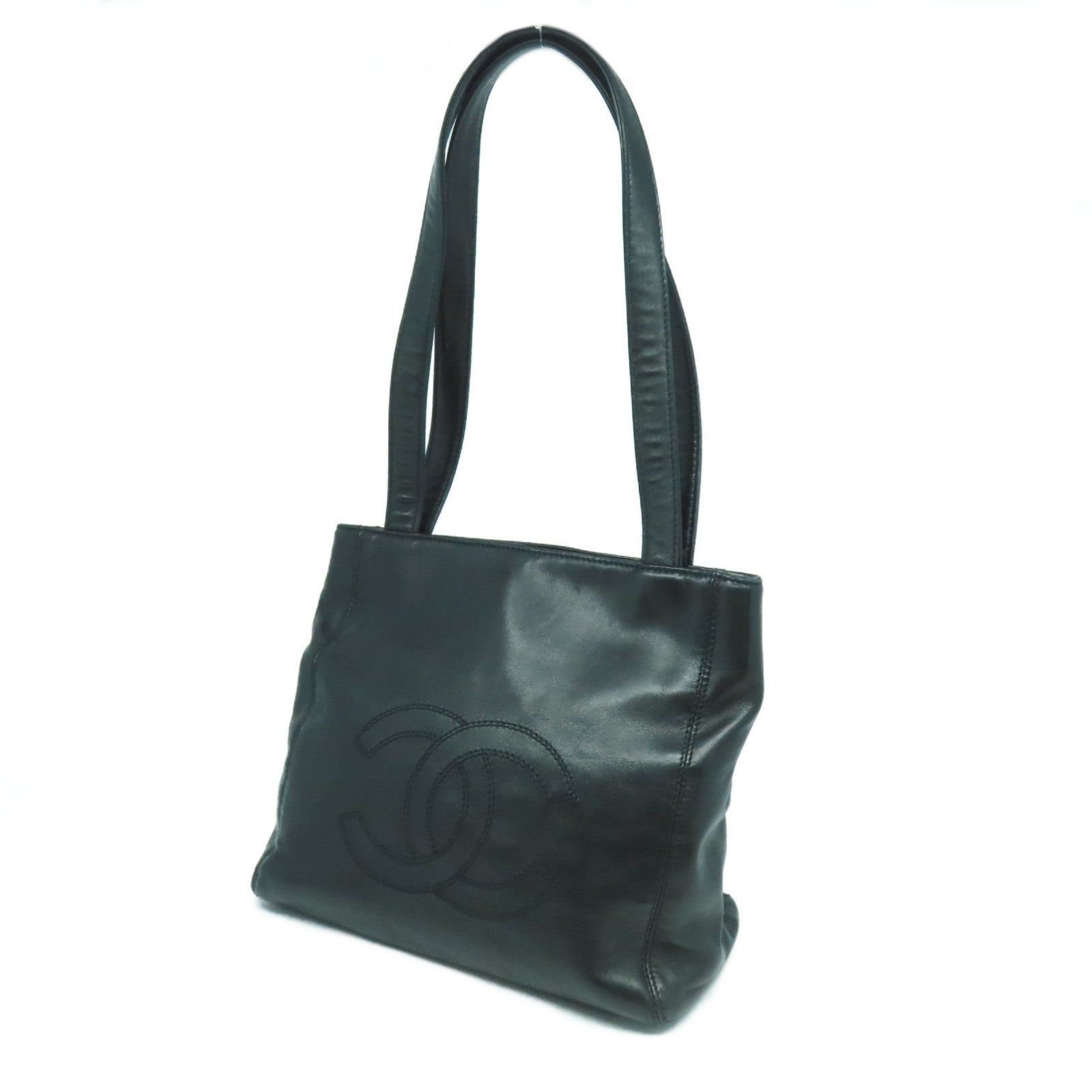 CHANEL 羊皮皮革Totebag銀扣手挽袋黑色