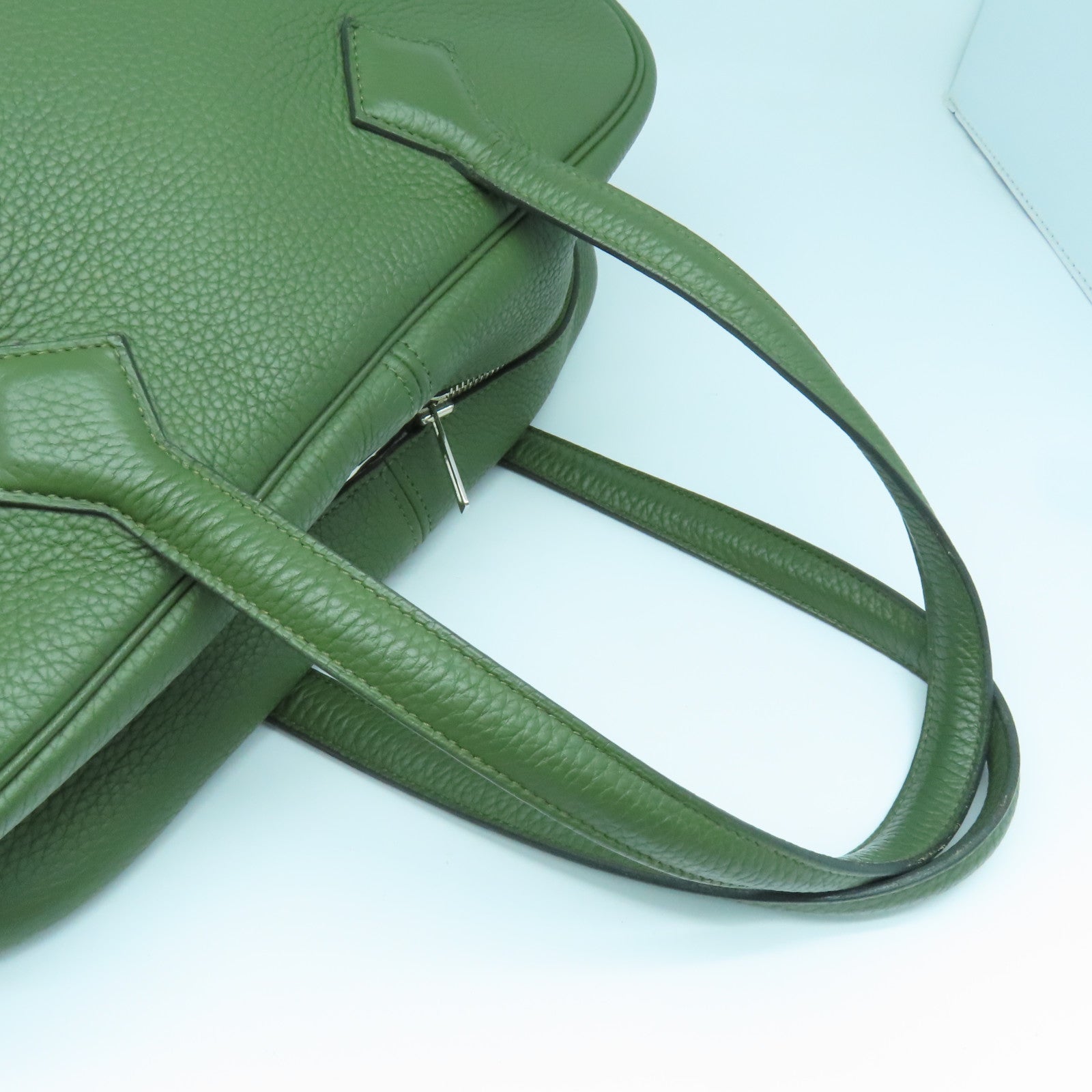 HERMES Clemence皮革Victolia 35銀扣手挽袋綠色