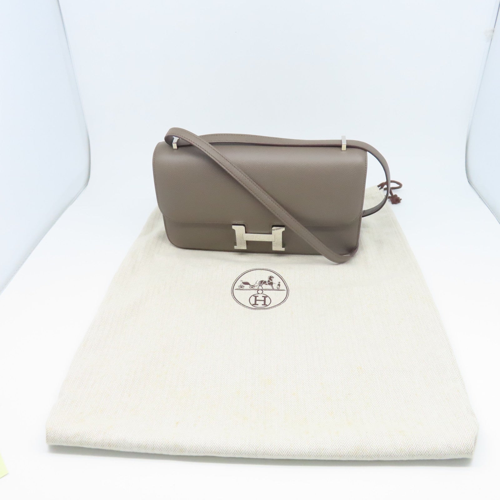 HERMES Epsom皮革Constance Elan銀扣肩背袋錫器灰色