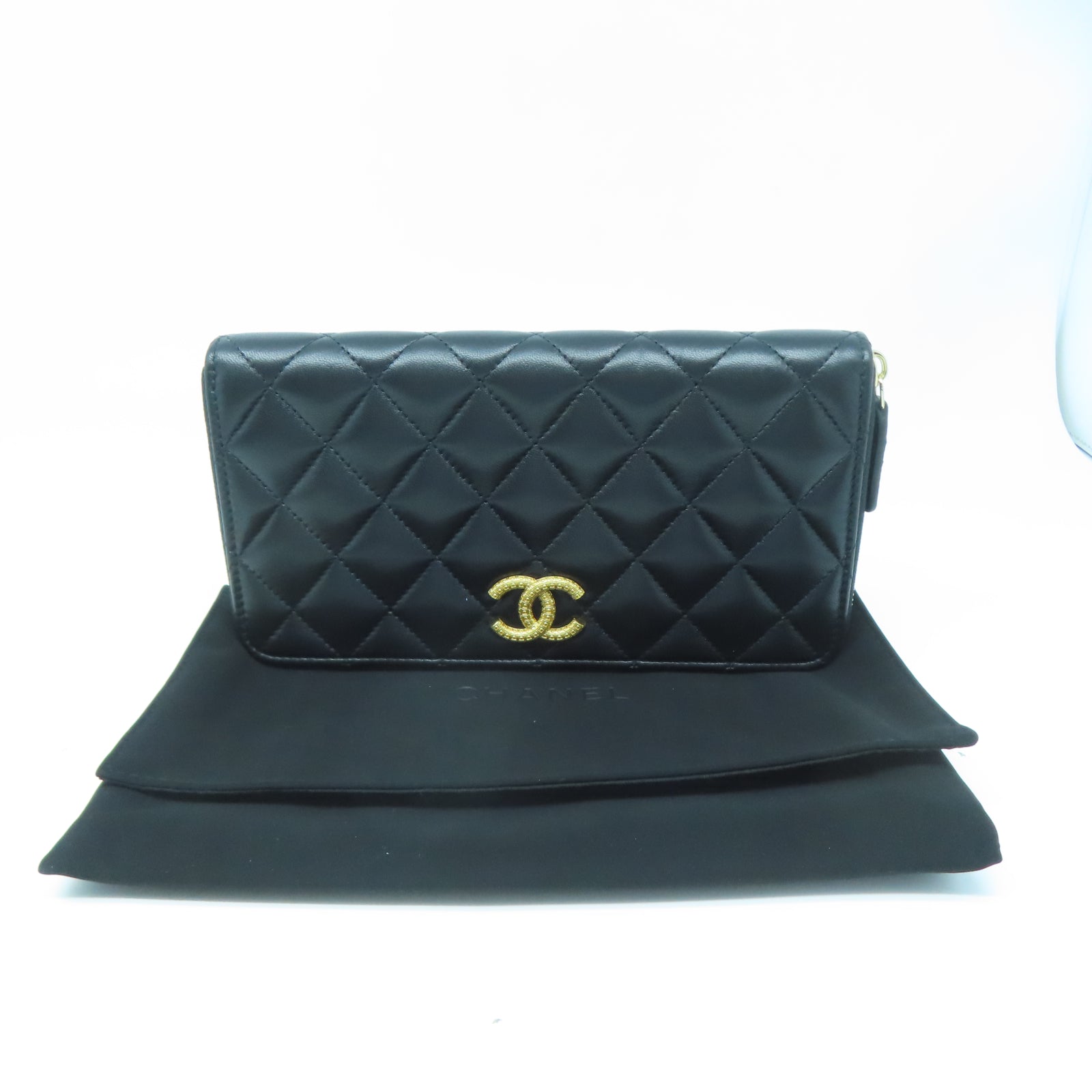 CHANEL 菱格牛皮皮革Long Wallet金扣長錢包黑色